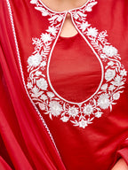 Red color silk blend with white thread embroidered kurta & palazzo with dupatta set