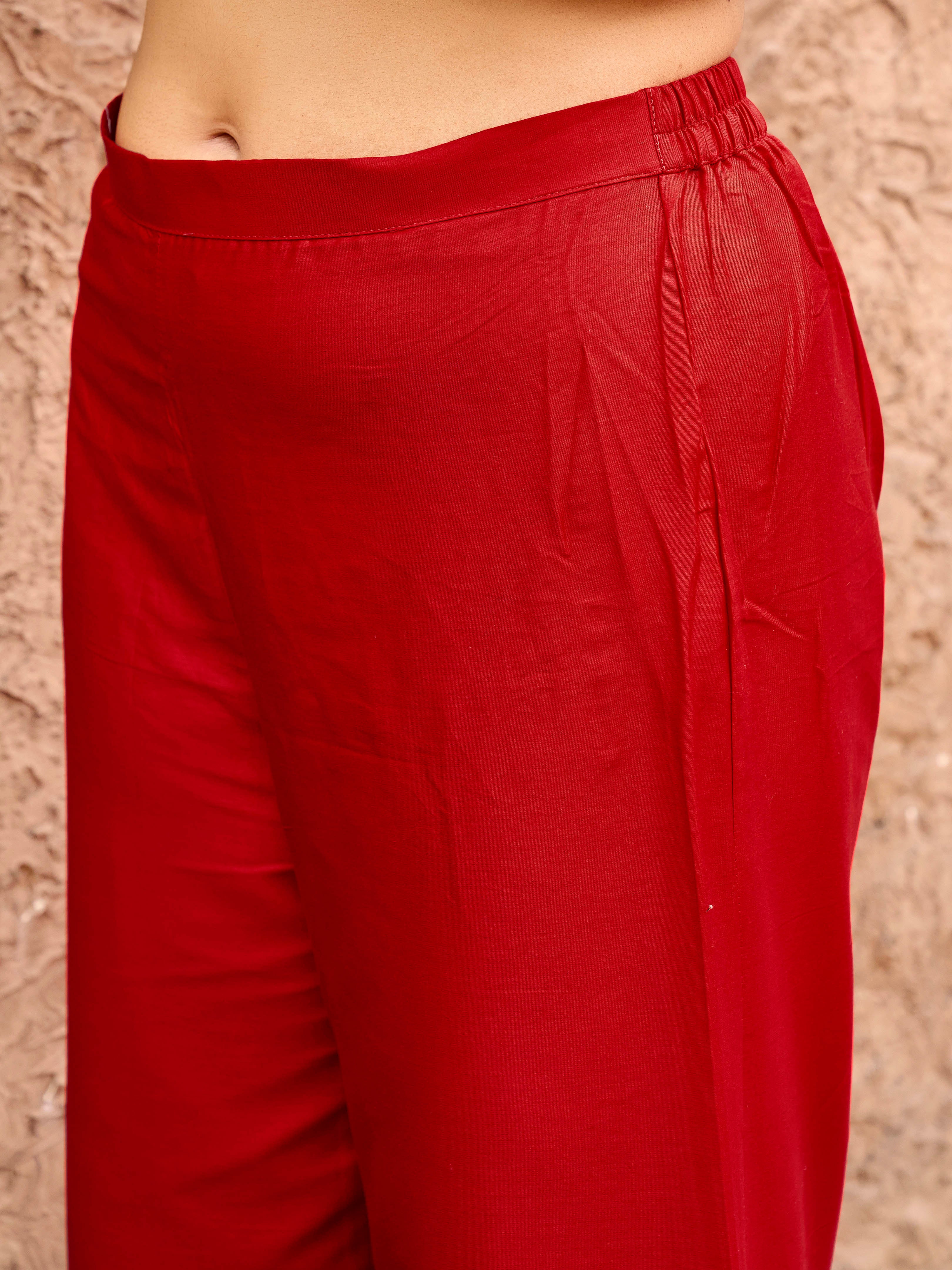 Red color silk blend with white thread embroidered kurta & palazzo with dupatta set