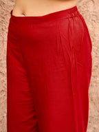 Red color silk blend with white thread embroidered kurta & palazzo with dupatta set