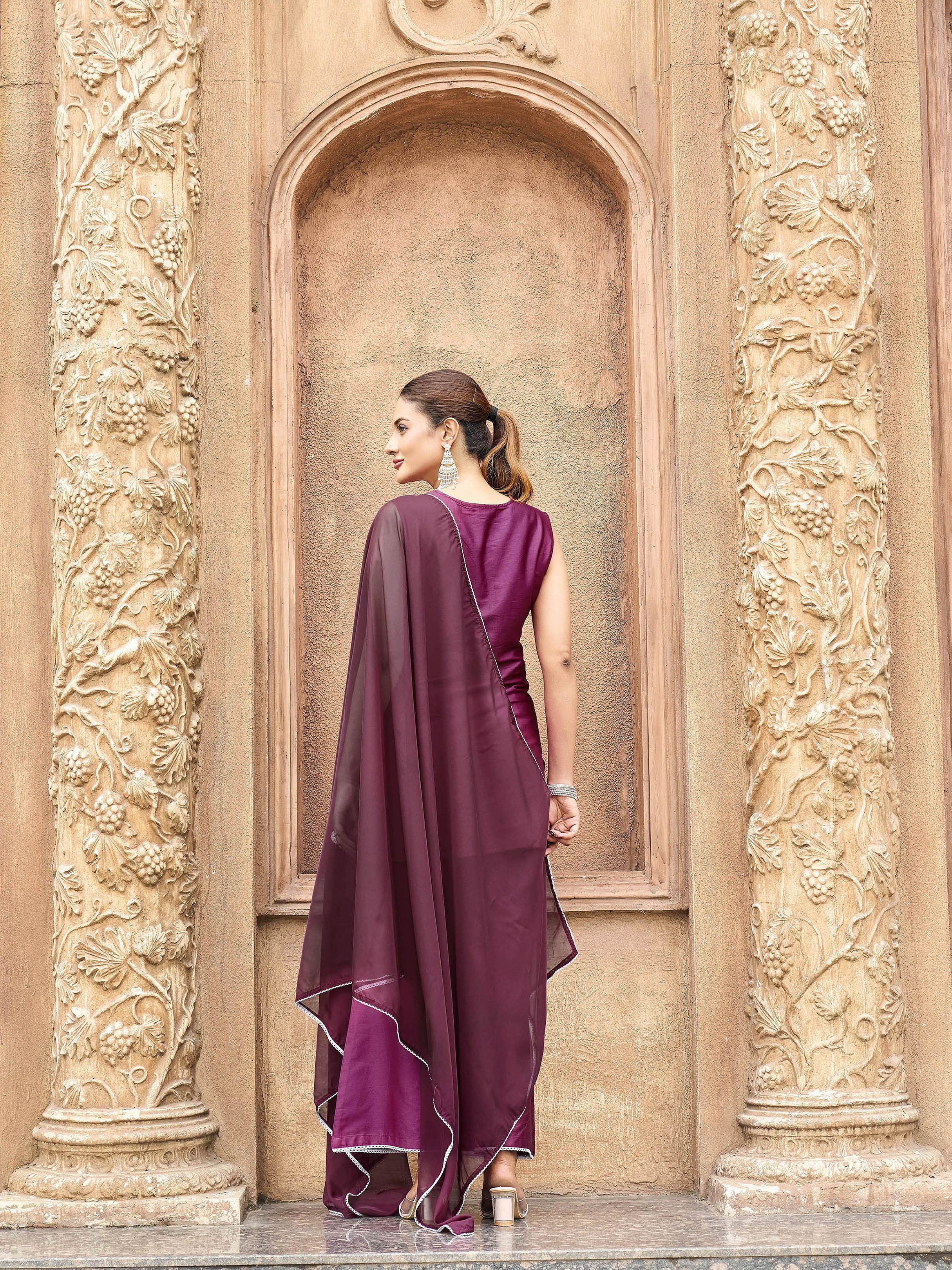 Burgundy color silk blend with white thread embroidered kurta & palazzo with dupatta set