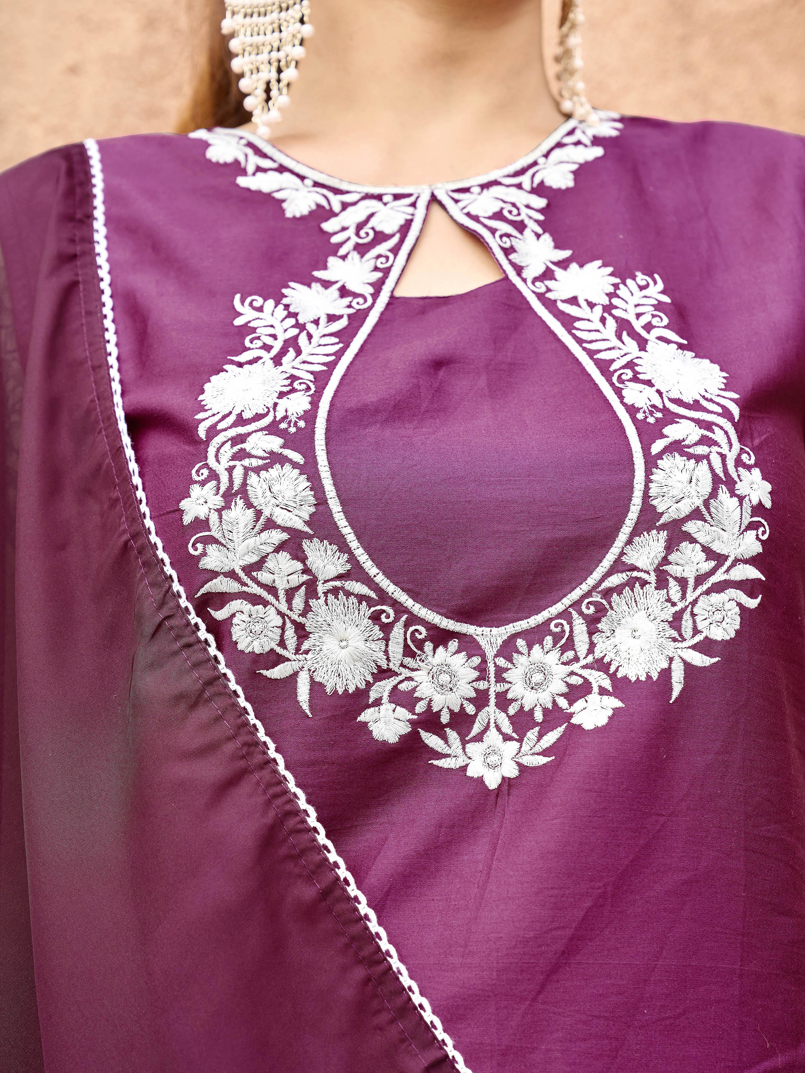 Burgundy color silk blend with white thread embroidered kurta & palazzo with dupatta set