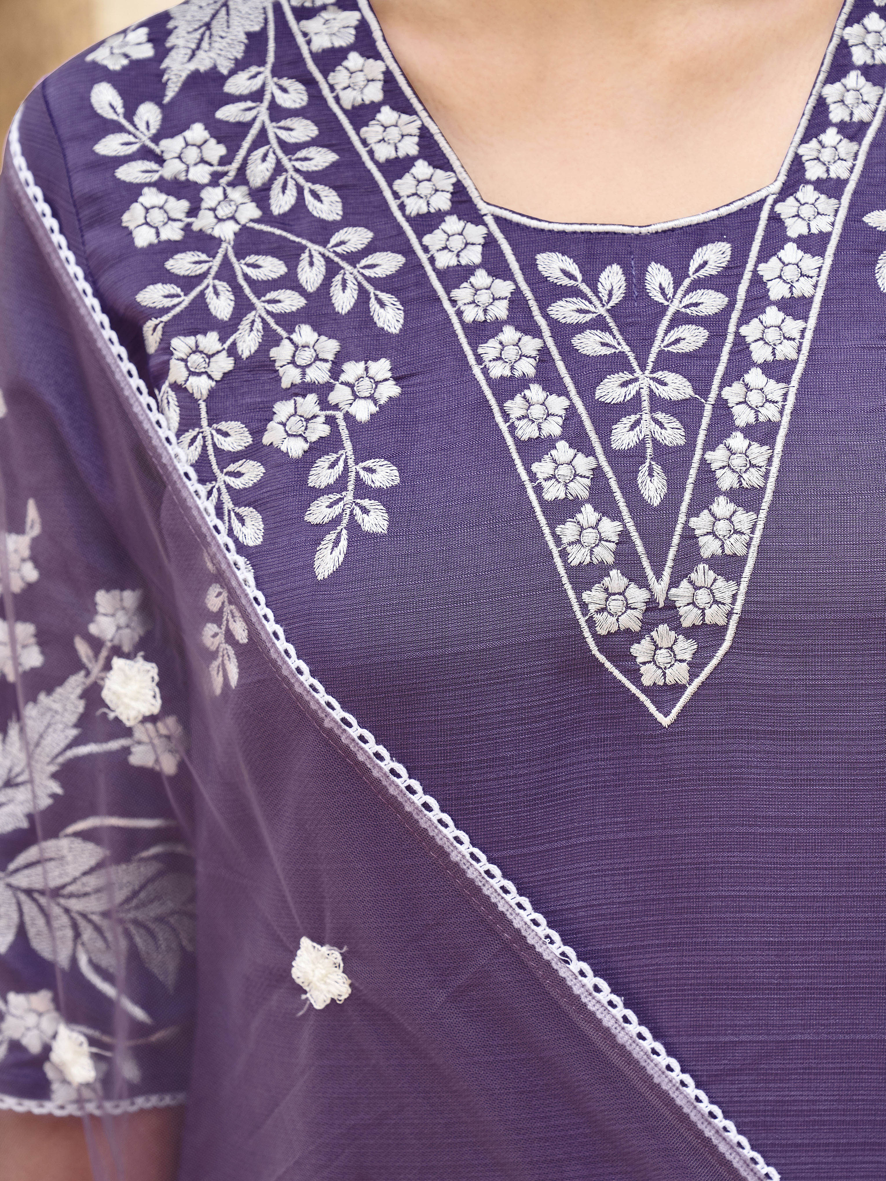 Purple color silk blend with off white thread embroidered kurta & trouser with dupatta set