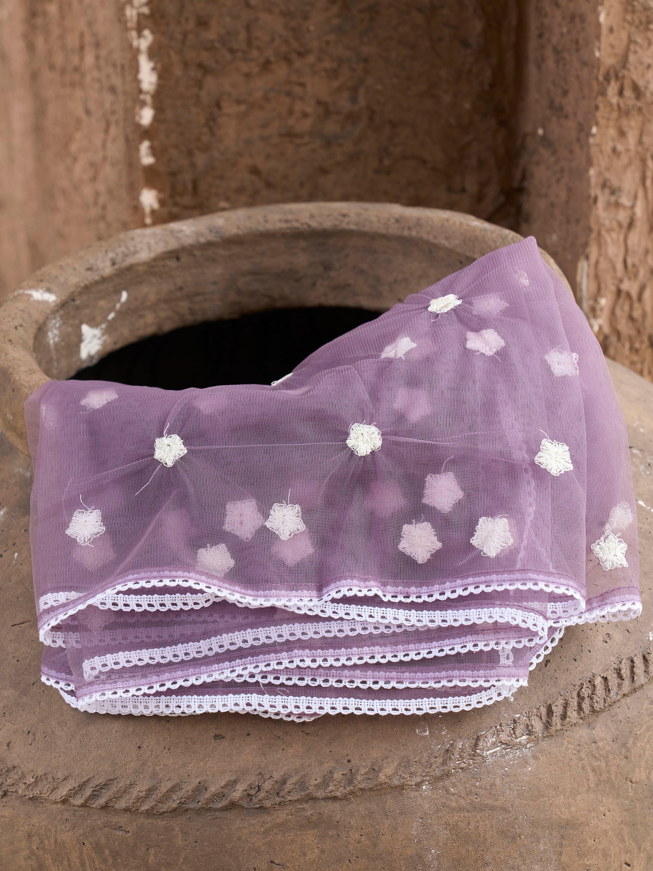 Purple color silk blend with off white thread embroidered kurta & trouser with dupatta set