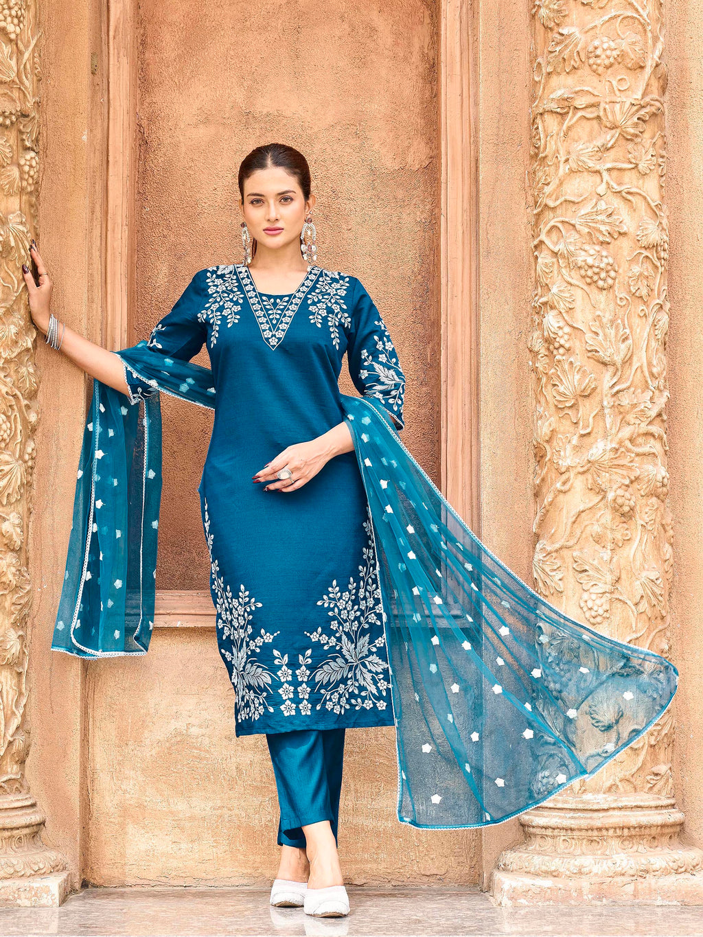 Teal color silk blend with off white thread embroidered kurta & trouser with dupatta set