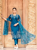 Teal color silk blend with off white thread embroidered kurta & trouser with dupatta set