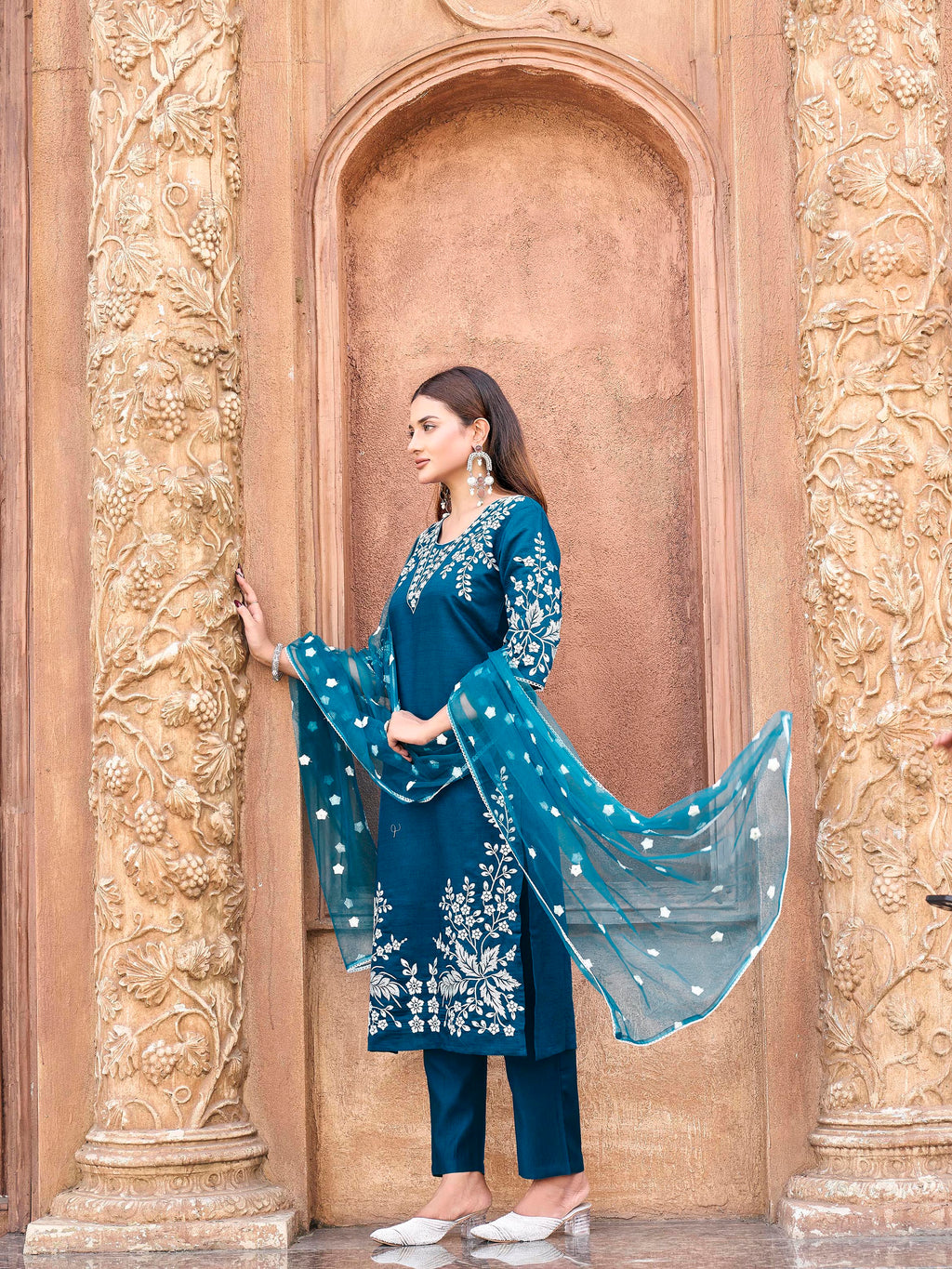 Teal color silk blend with off white thread embroidered kurta & trouser with dupatta set