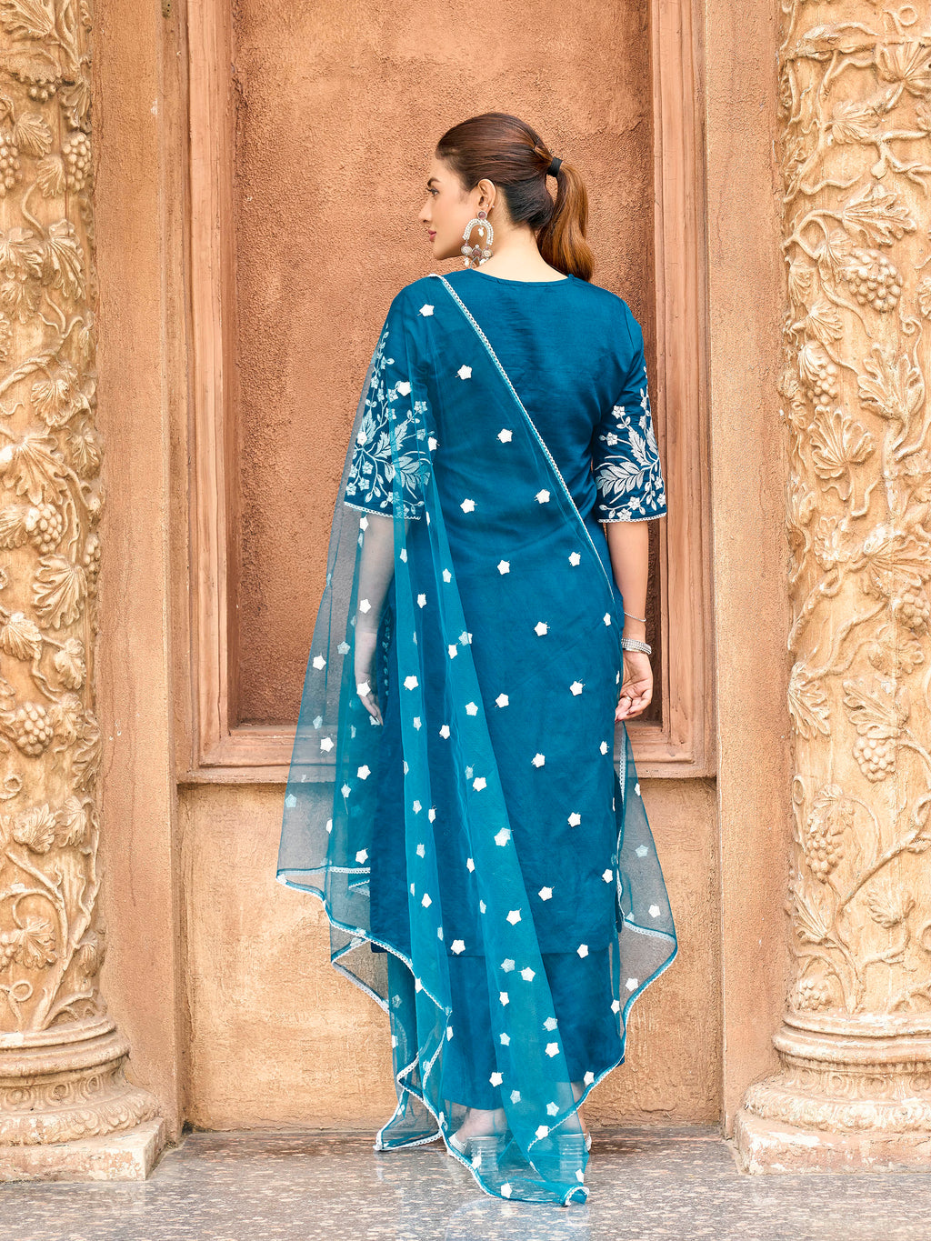 Teal color silk blend with off white thread embroidered kurta & trouser with dupatta set
