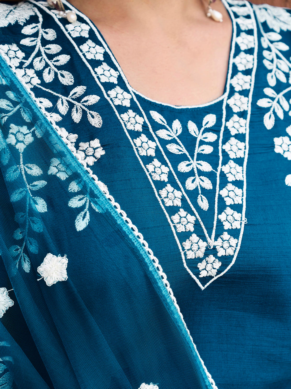 Teal color silk blend with off white thread embroidered kurta & trouser with dupatta set