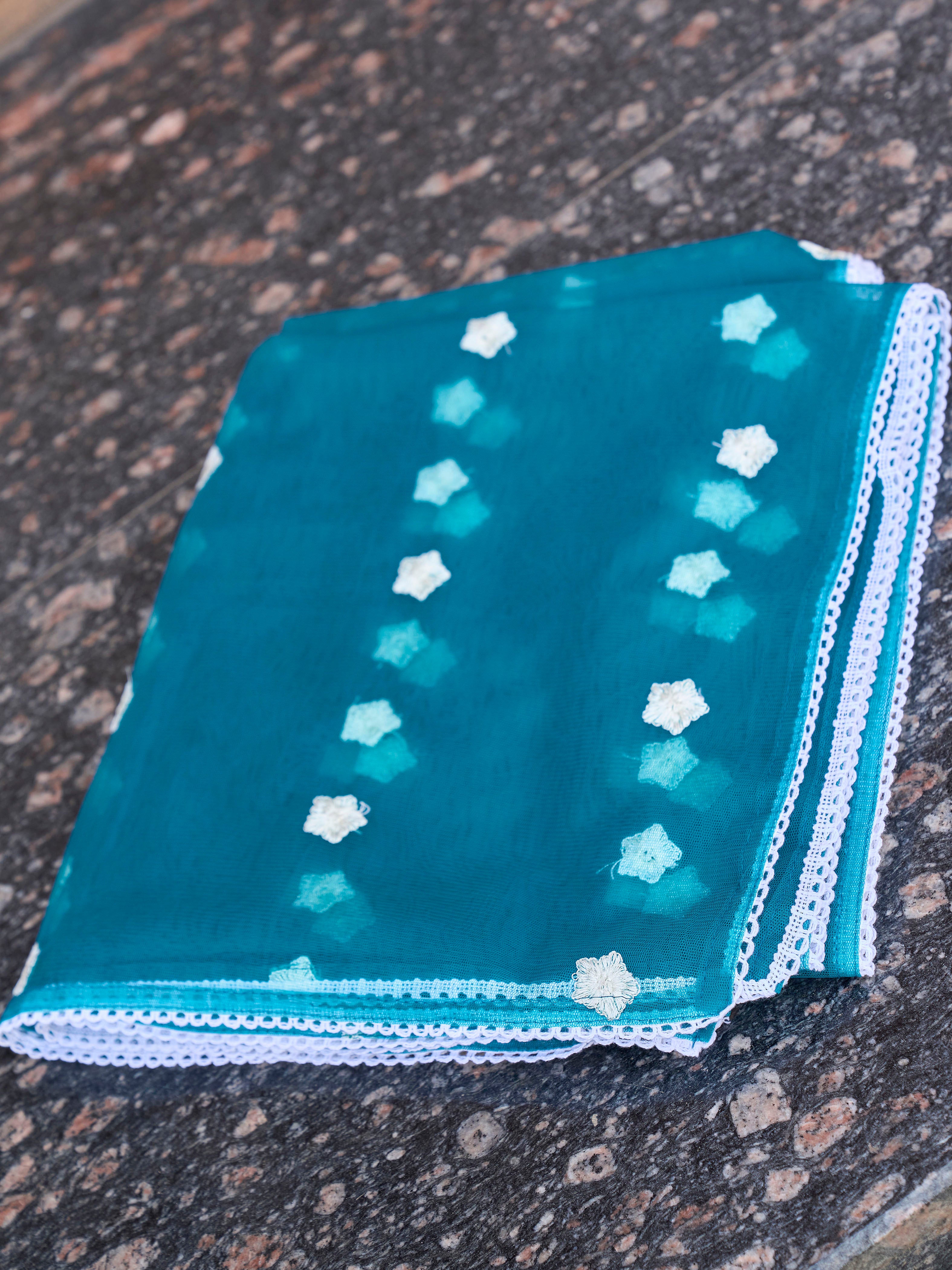 Teal color silk blend with off white thread embroidered kurta & trouser with dupatta set