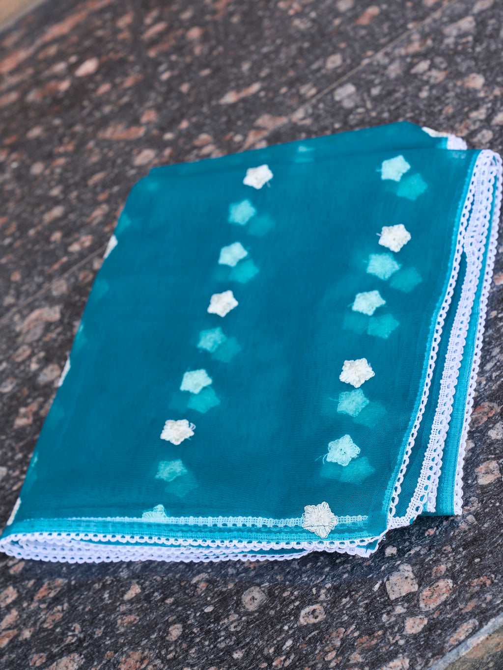 Teal color silk blend with off white thread embroidered kurta & trouser with dupatta set