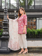 Peach color pure cotton thread embroidered short kurta & trouser with dupatta set