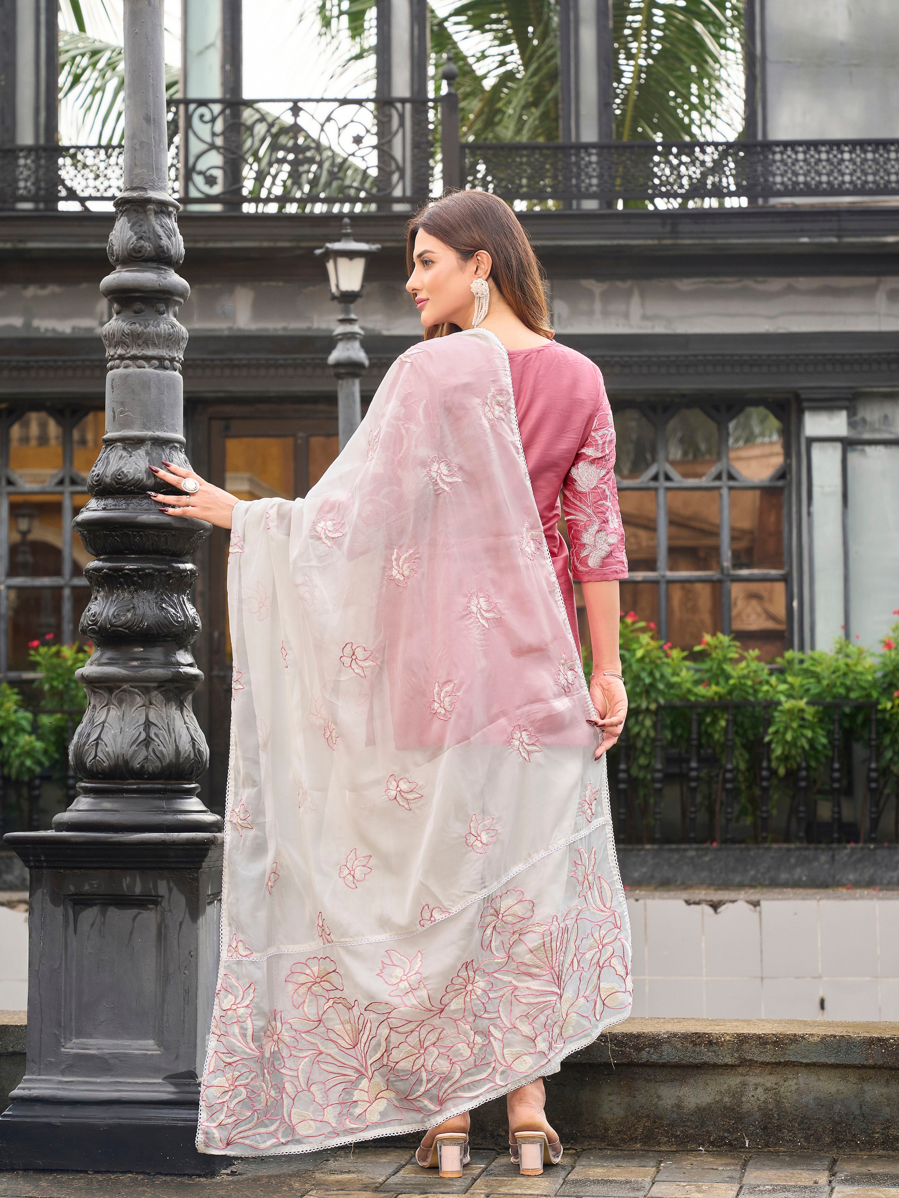 Peach color pure cotton thread embroidered short kurta & trouser with dupatta set