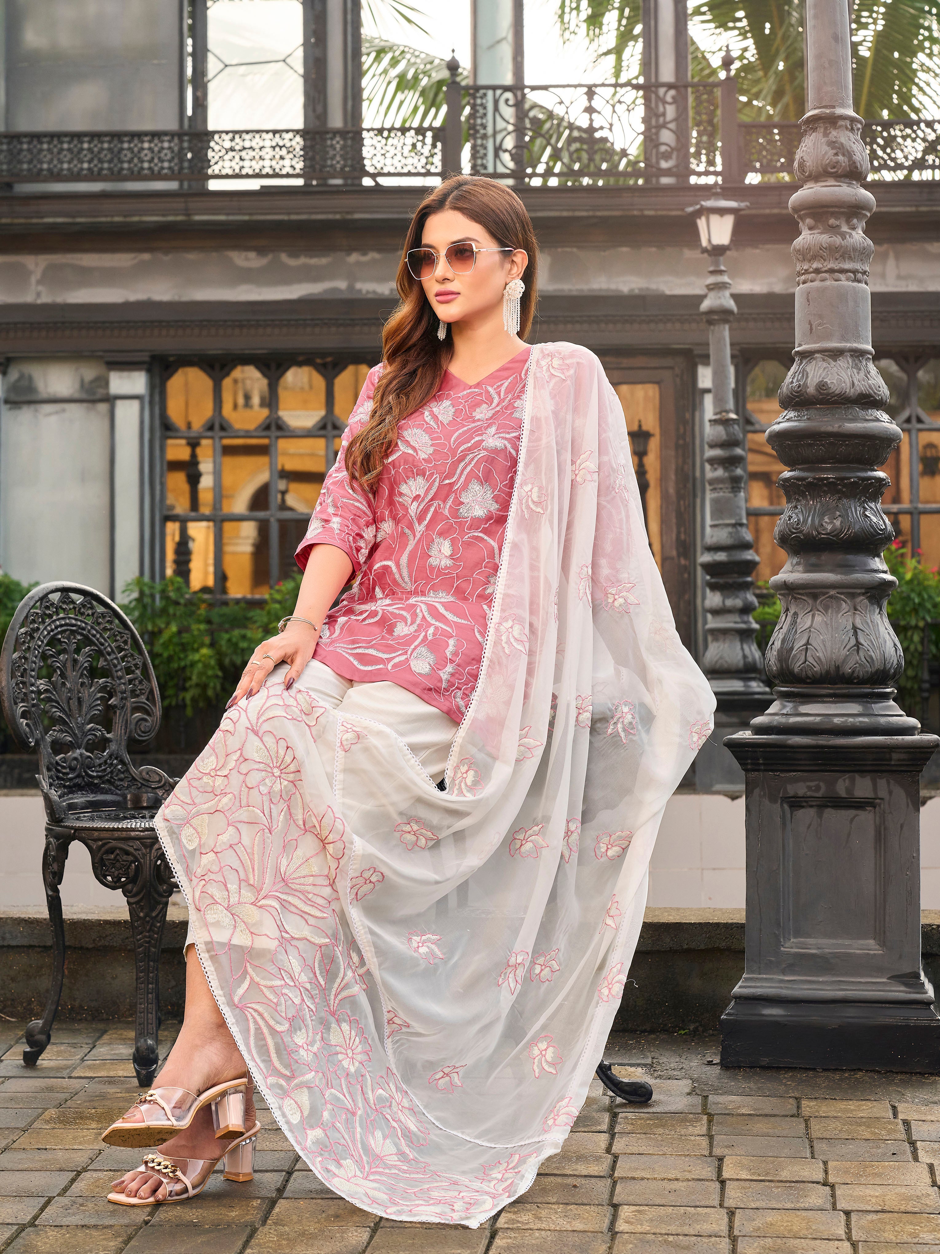 Peach color pure cotton thread embroidered short kurta & trouser with dupatta set