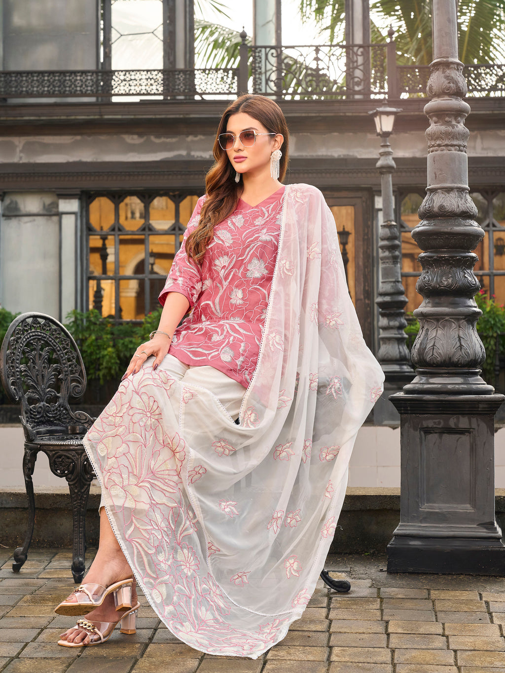 Peach color pure cotton thread embroidered short kurta & trouser with dupatta set
