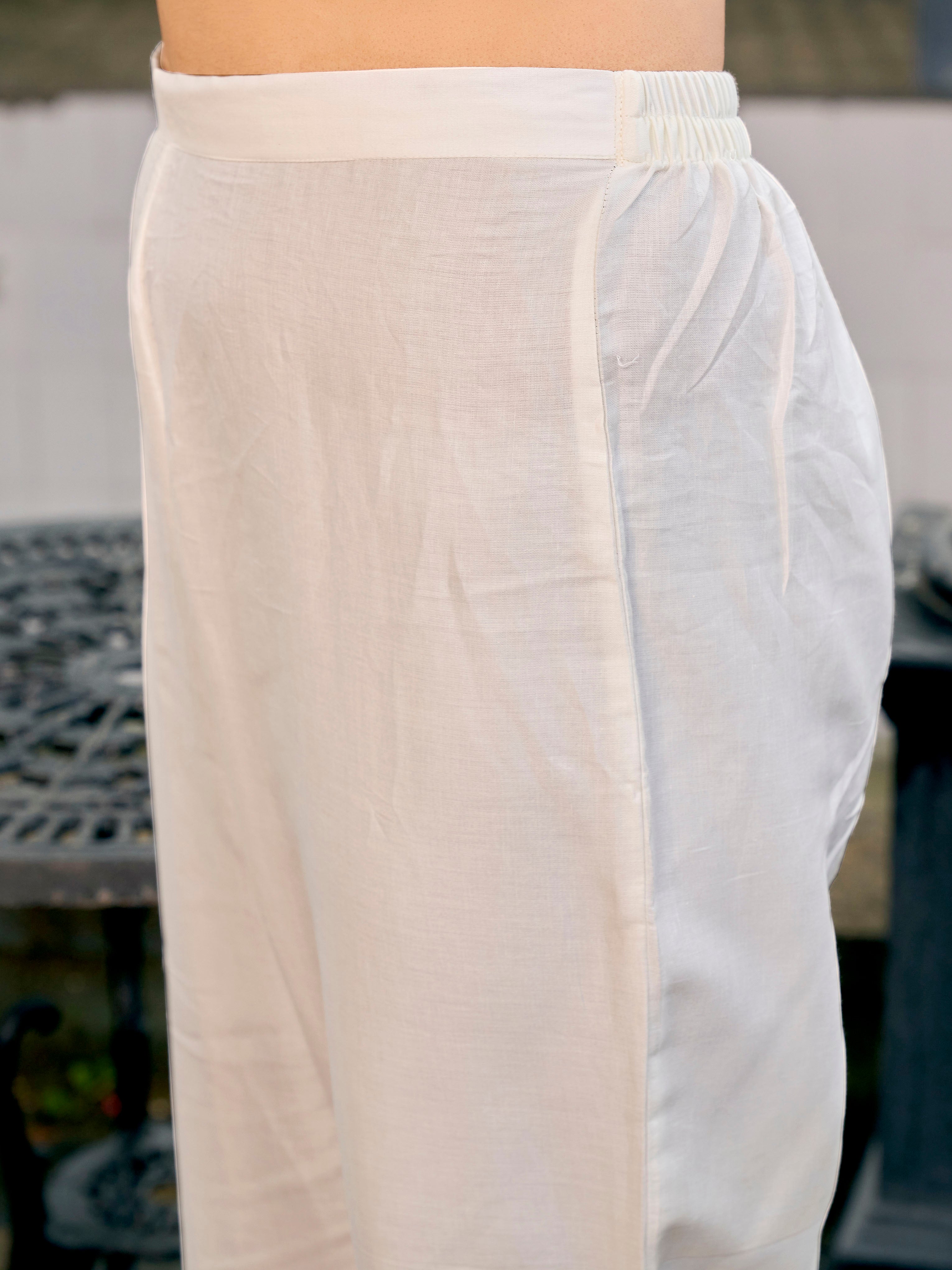 Peach color pure cotton thread embroidered short kurta & trouser with dupatta set