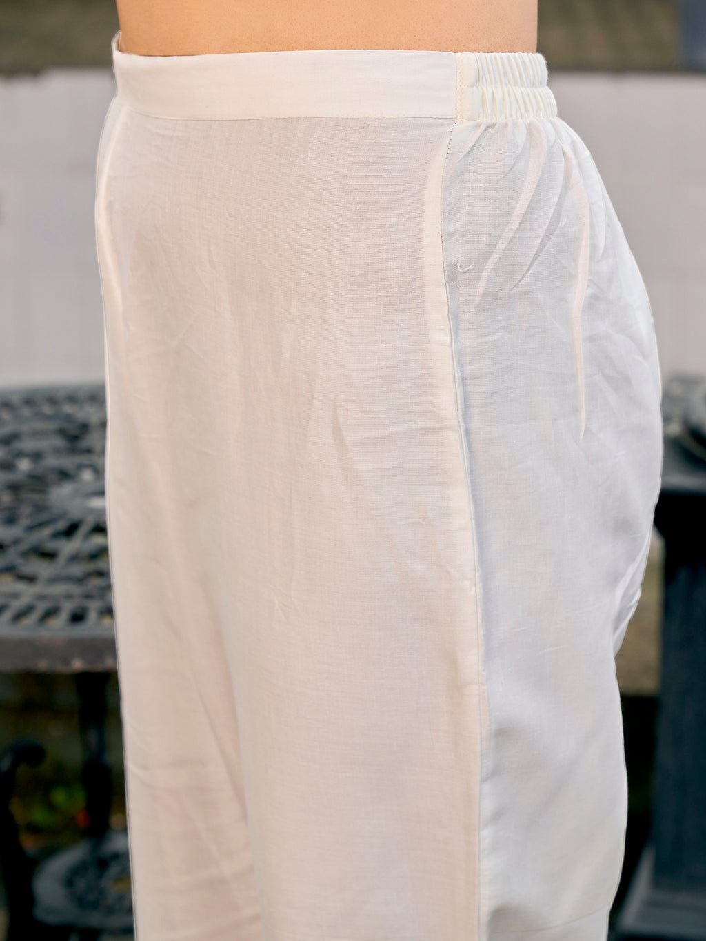 Peach color pure cotton thread embroidered short kurta & trouser with dupatta set