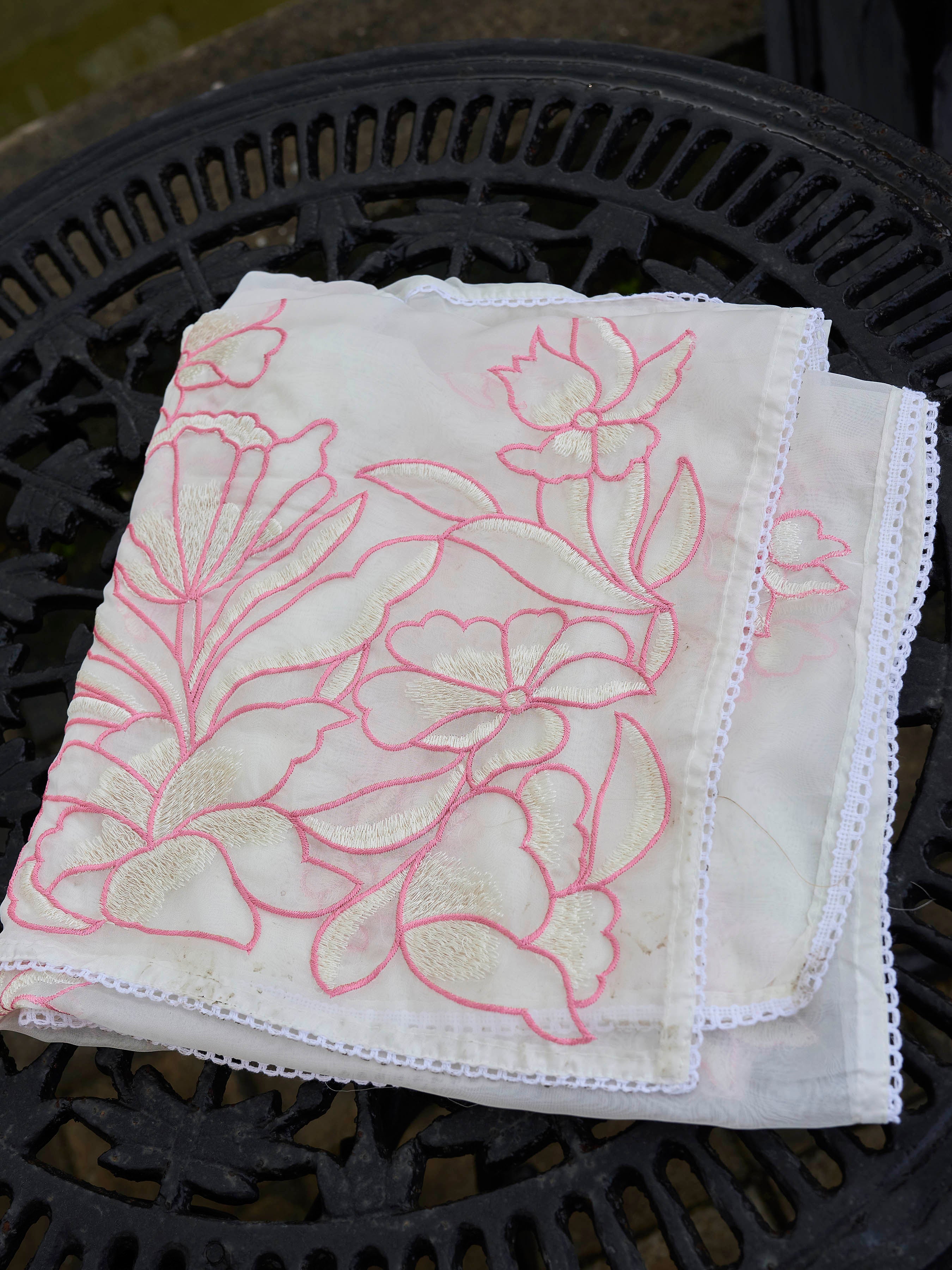 Peach color pure cotton thread embroidered short kurta & trouser with dupatta set