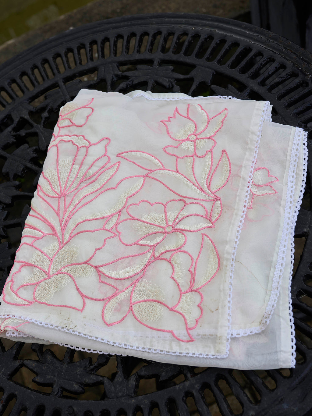 Peach color pure cotton thread embroidered short kurta & trouser with dupatta set