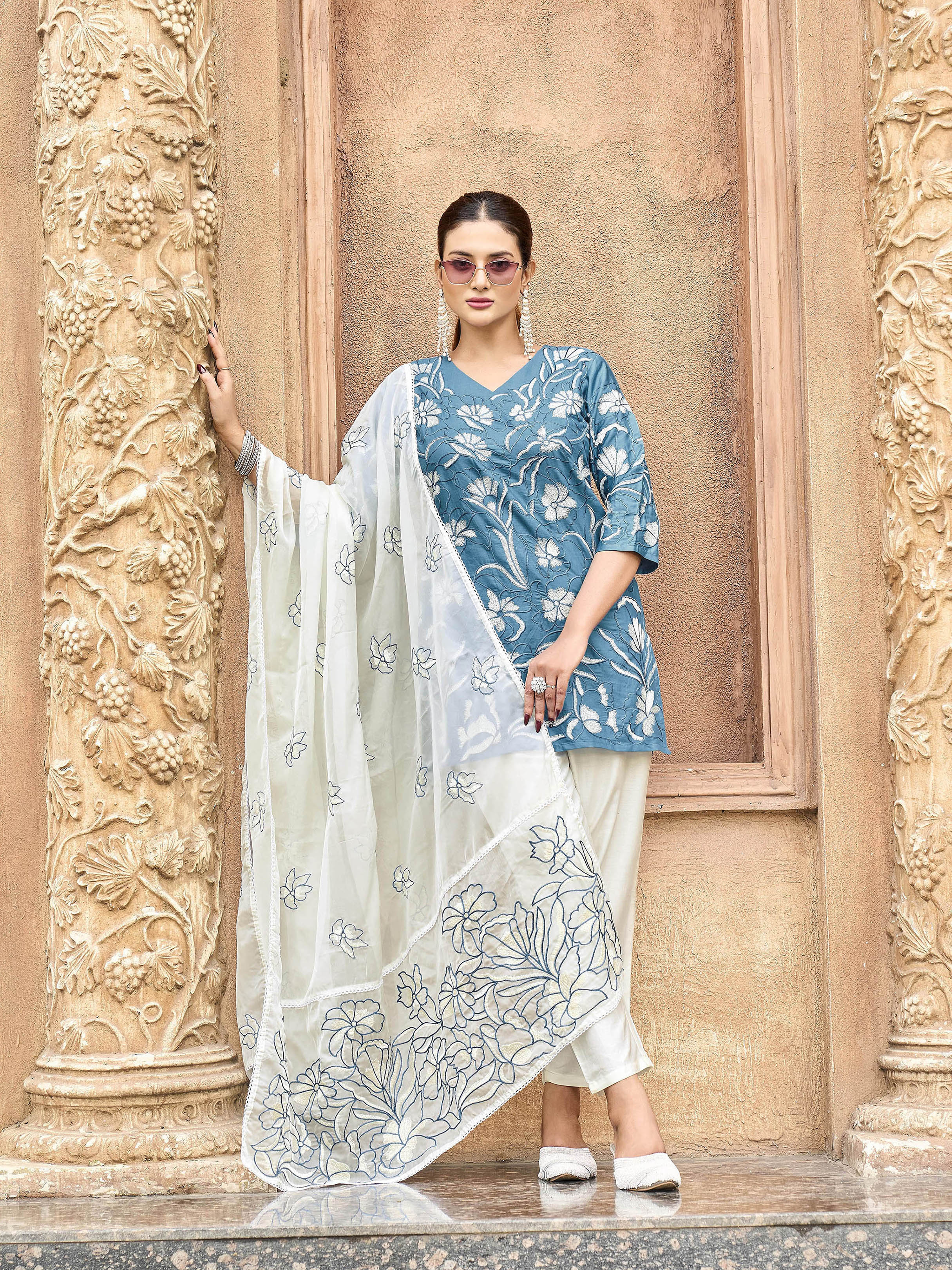Blue color pure cotton thread embroidered short kurta & trouser with dupatta set