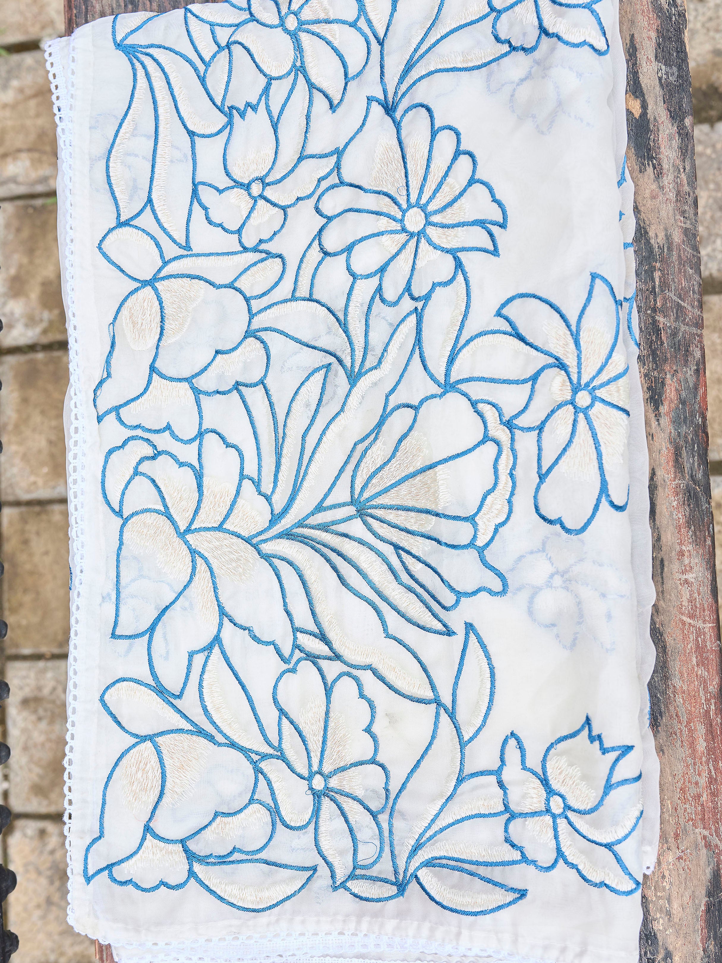 Blue color pure cotton thread embroidered short kurta & trouser with dupatta set