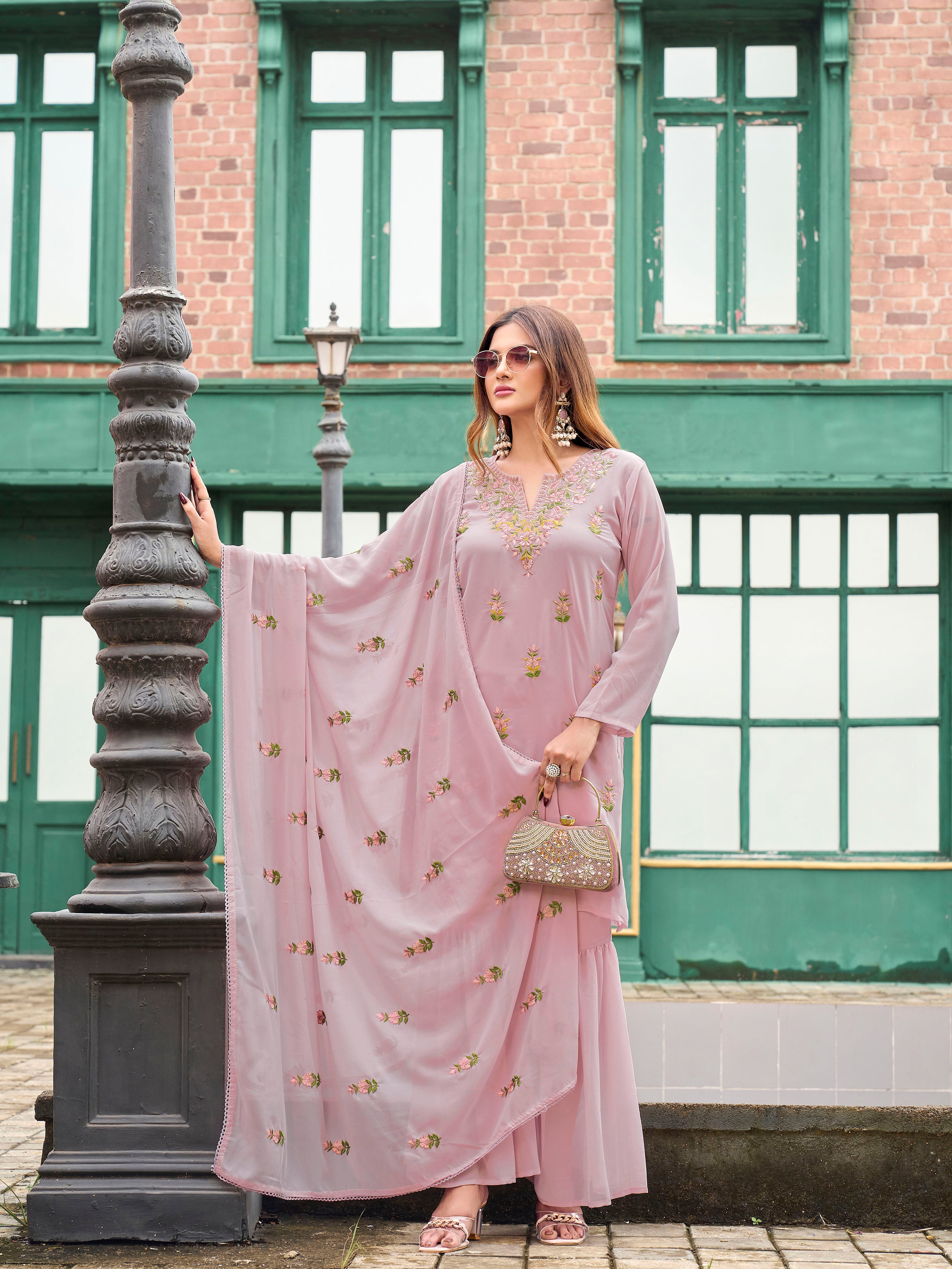 Pink color georgette with zari work kurta & sharara with dupatta set