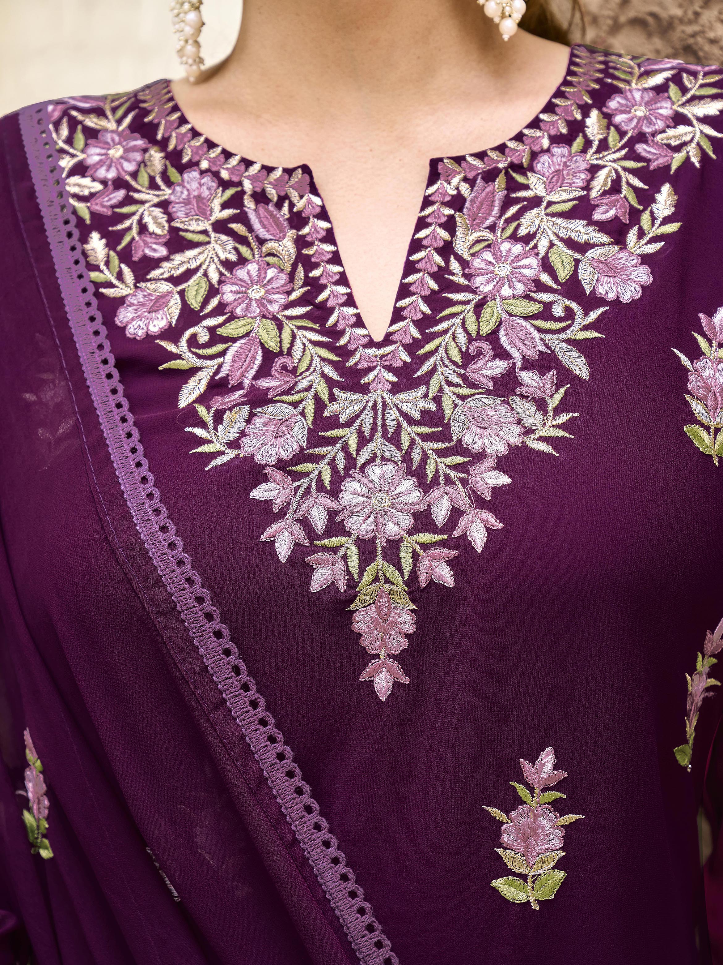 Burgundy color georgette with zari work kurta & sharara with dupatta set