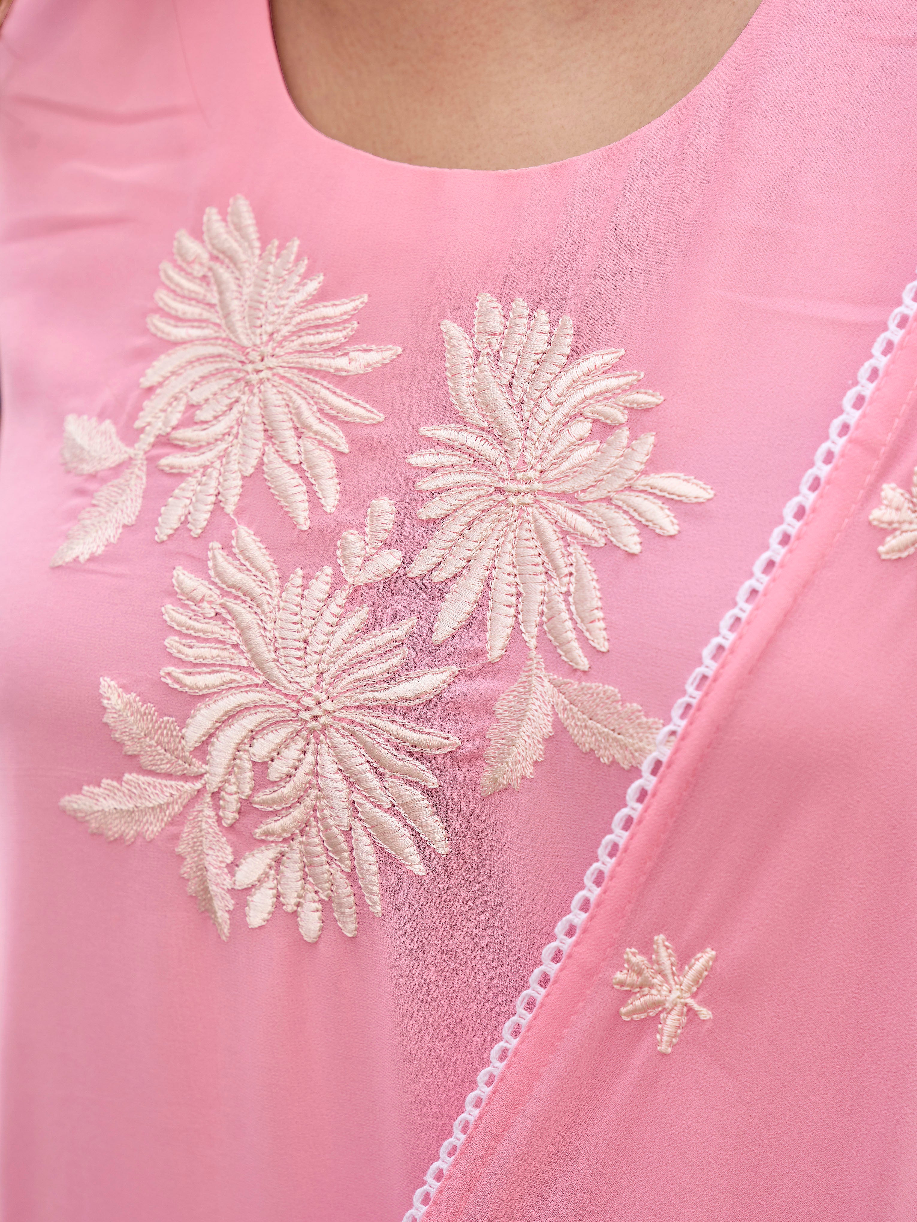 Pink color georgette with off white thread embroidered kurta & palazzo with dupatta set