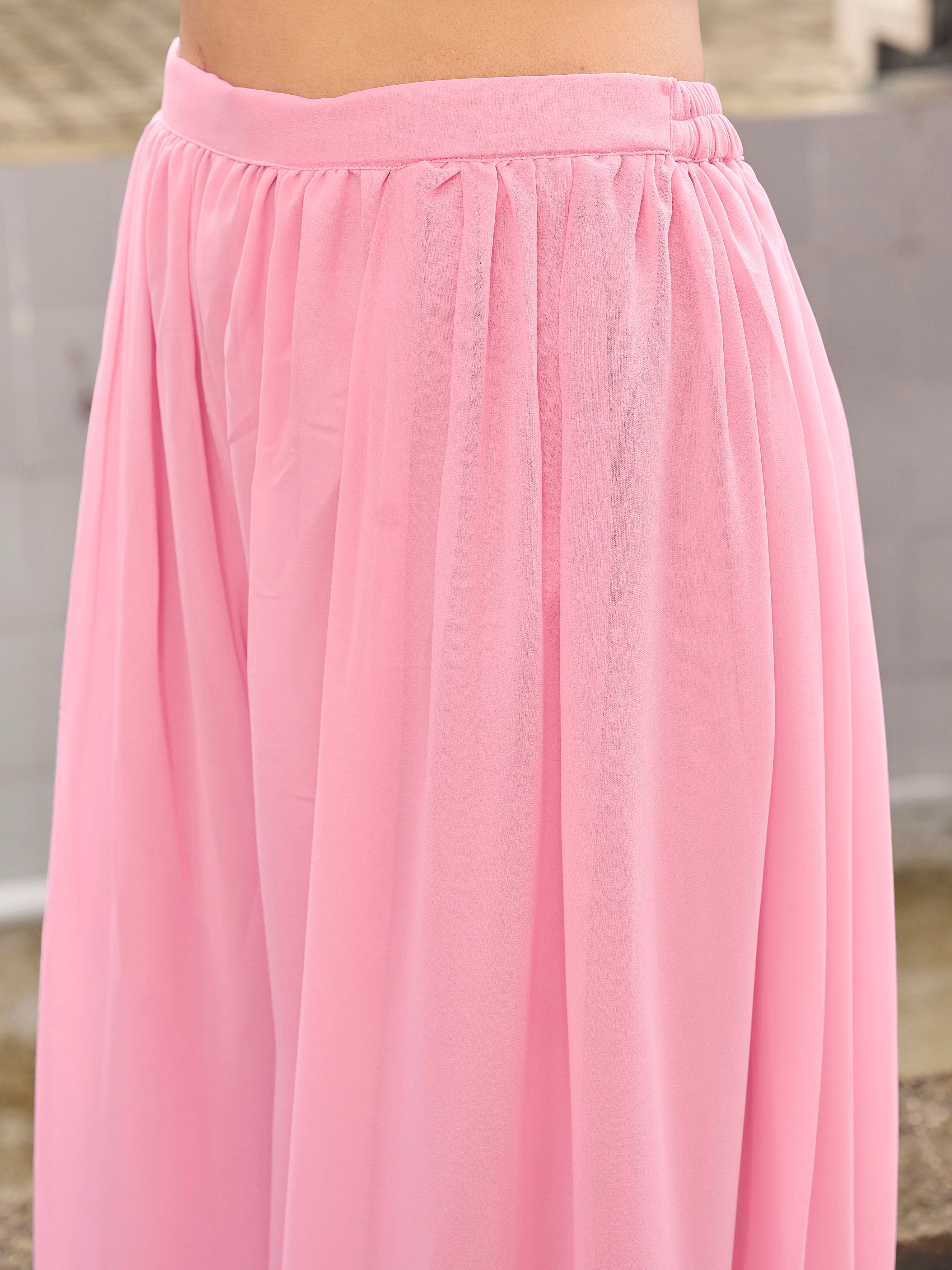 Pink color georgette with off white thread embroidered kurta & palazzo with dupatta set