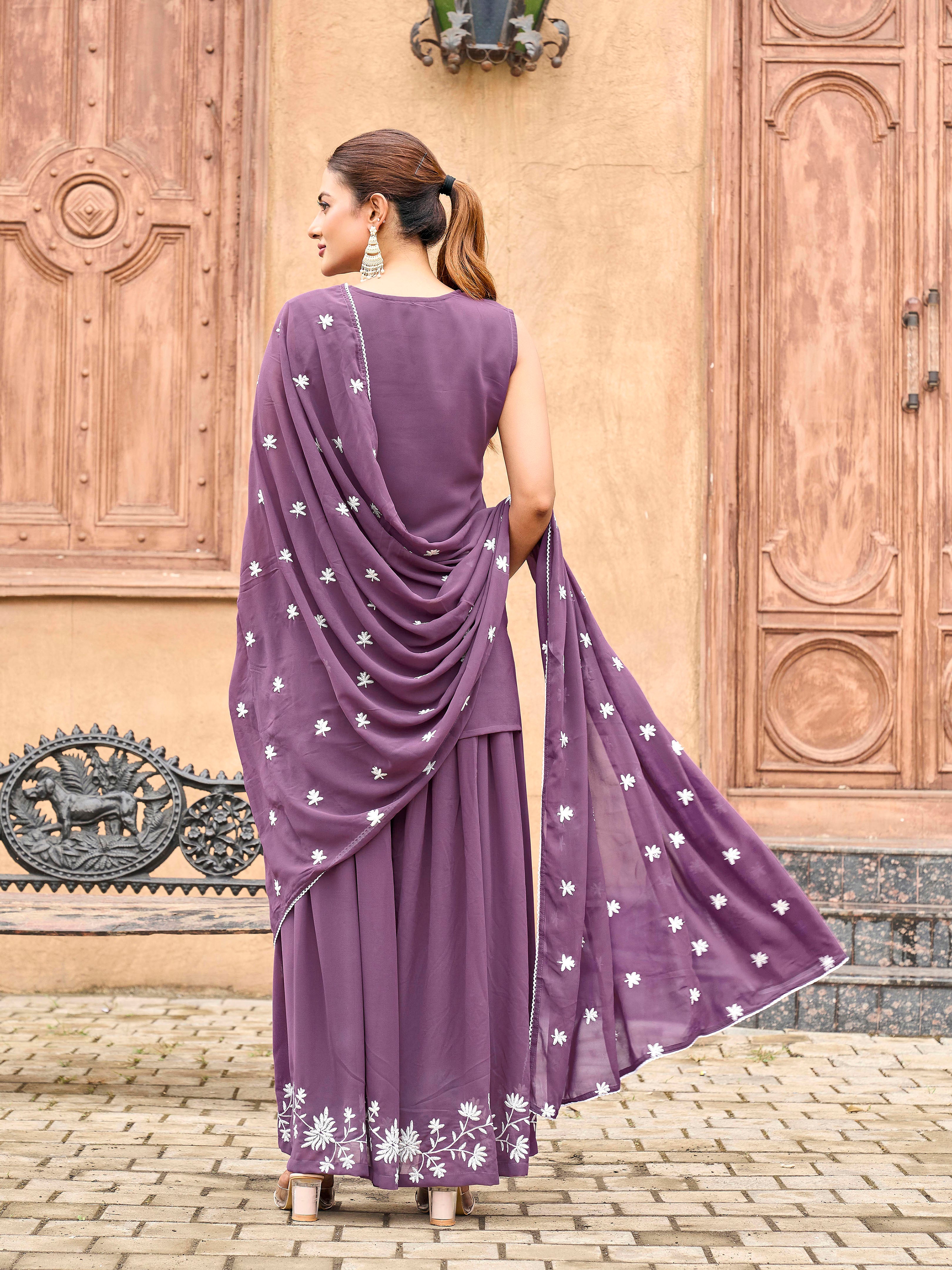 Mauve color georgette with off white thread embroidered kurta & palazzo with dupatta set