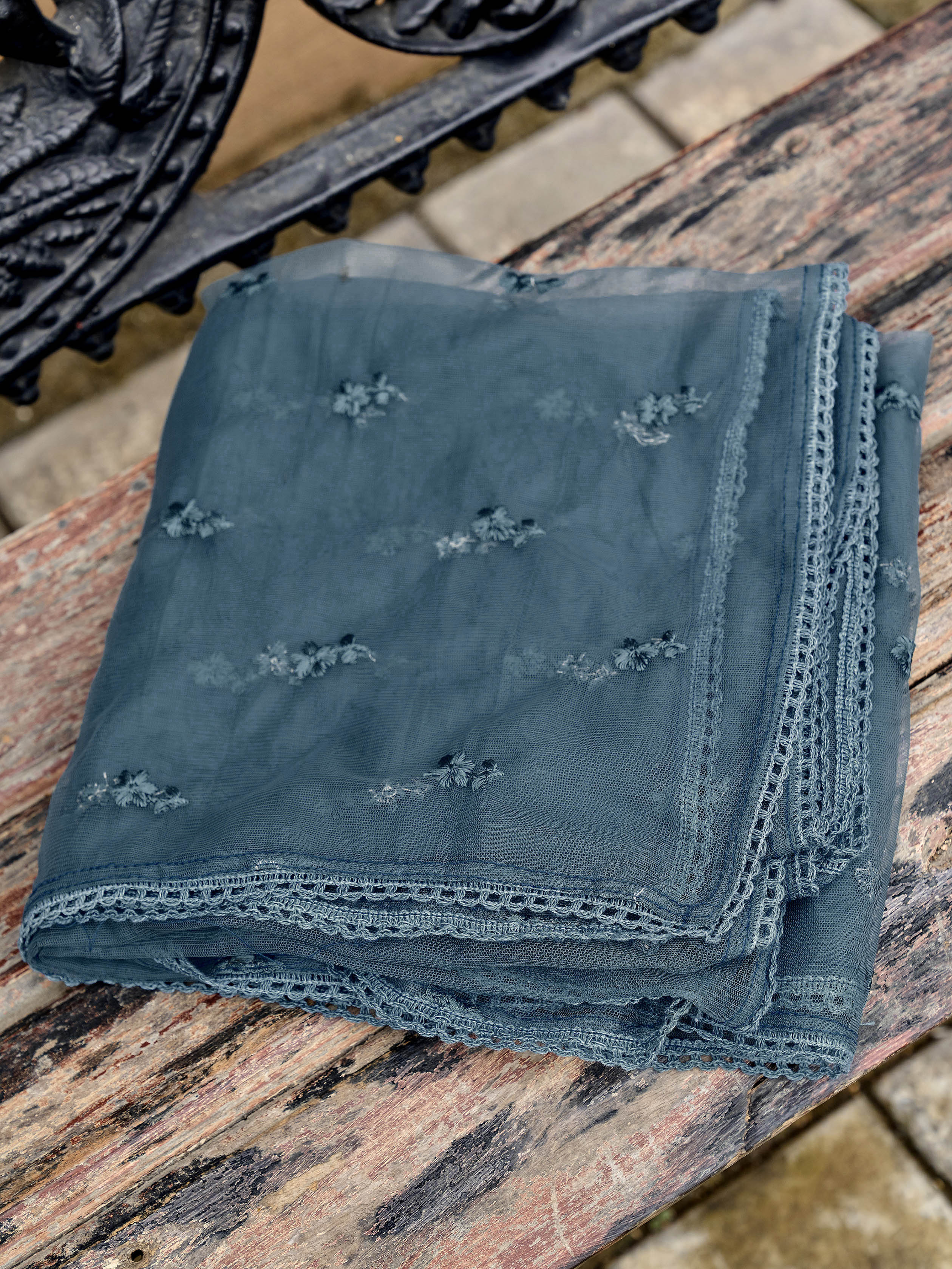 Burnt Blue color silk blend with thread embroidered on sleeves & tassels on heamline kurta & trouser with dupatta set