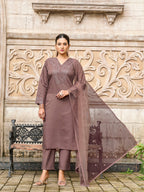 Brown color silk blend with thread & sequence work kurta & trouser with dupatta set