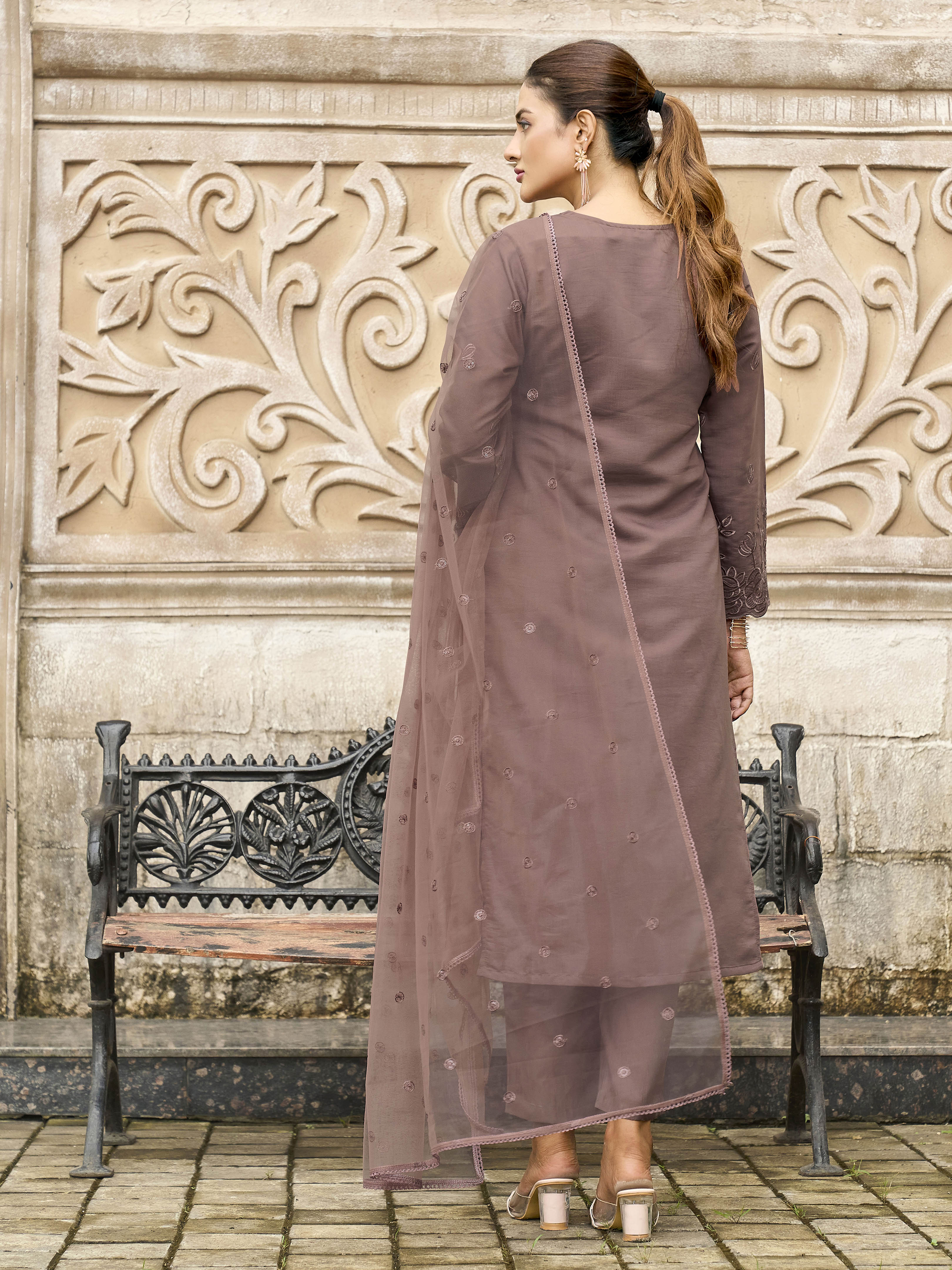 Brown color silk blend with thread & sequence work kurta & trouser with dupatta set