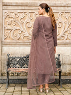 Brown color silk blend with thread & sequence work kurta & trouser with dupatta set