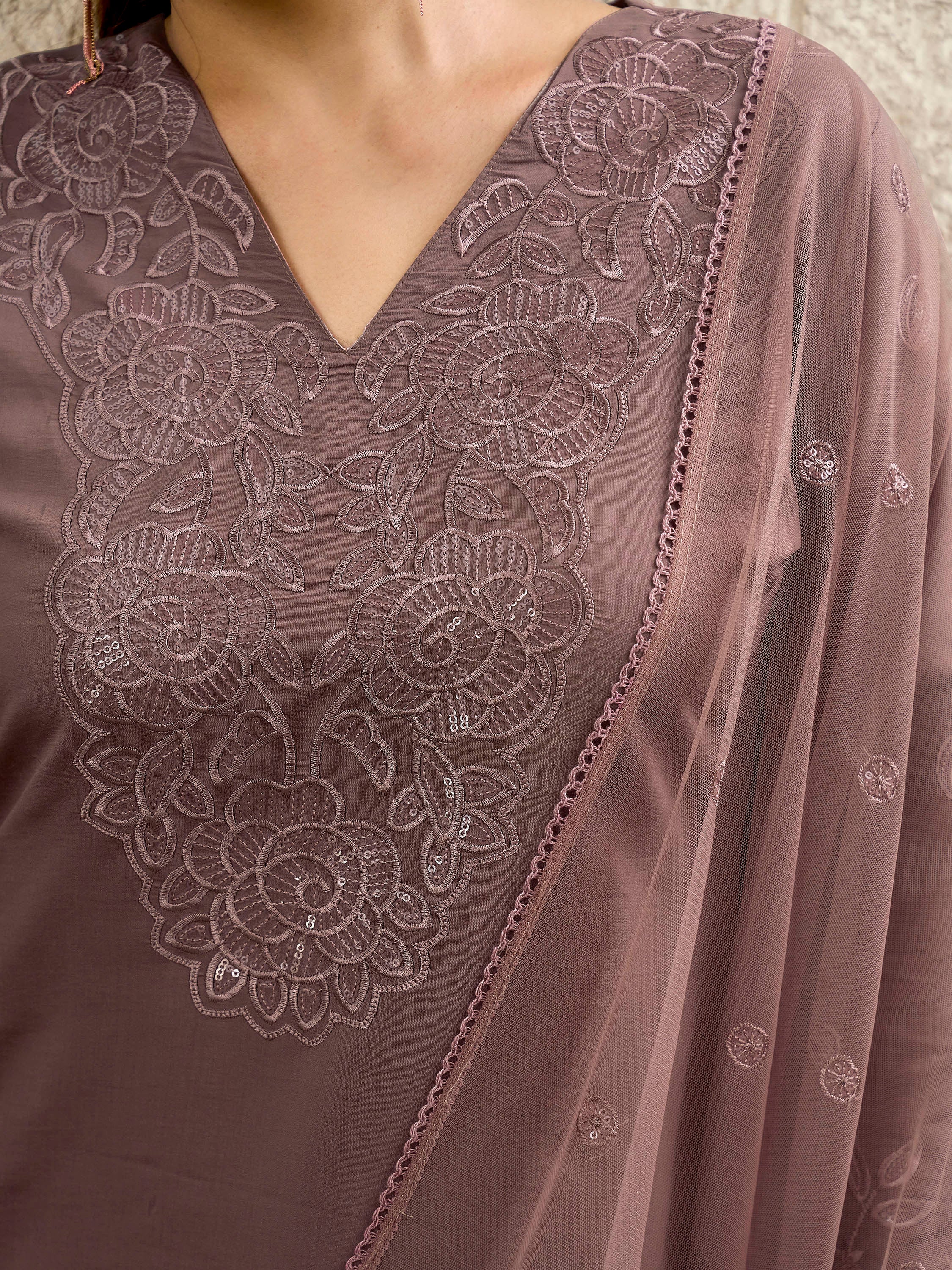 Brown color silk blend with thread & sequence work kurta & trouser with dupatta set