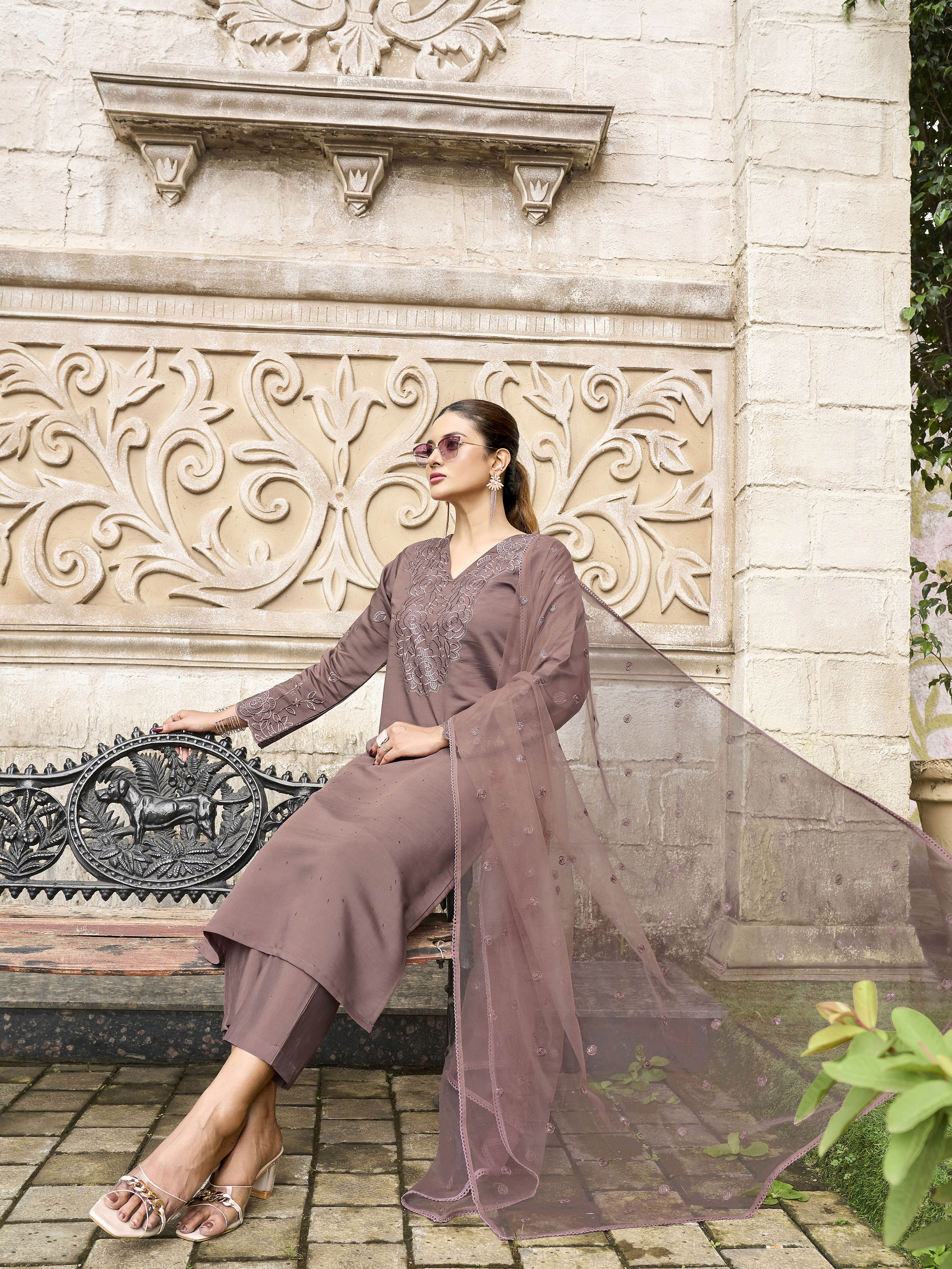 Brown color silk blend with thread & sequence work kurta & trouser with dupatta set