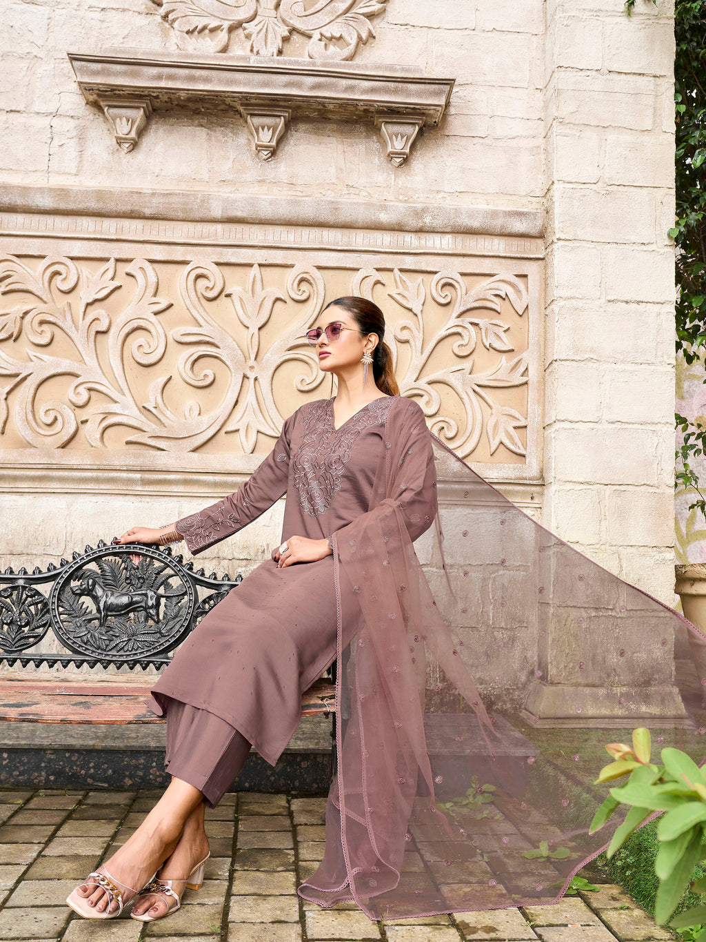 Brown color silk blend with thread & sequence work kurta & trouser with dupatta set