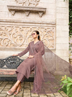 Brown color silk blend with thread & sequence work kurta & trouser with dupatta set