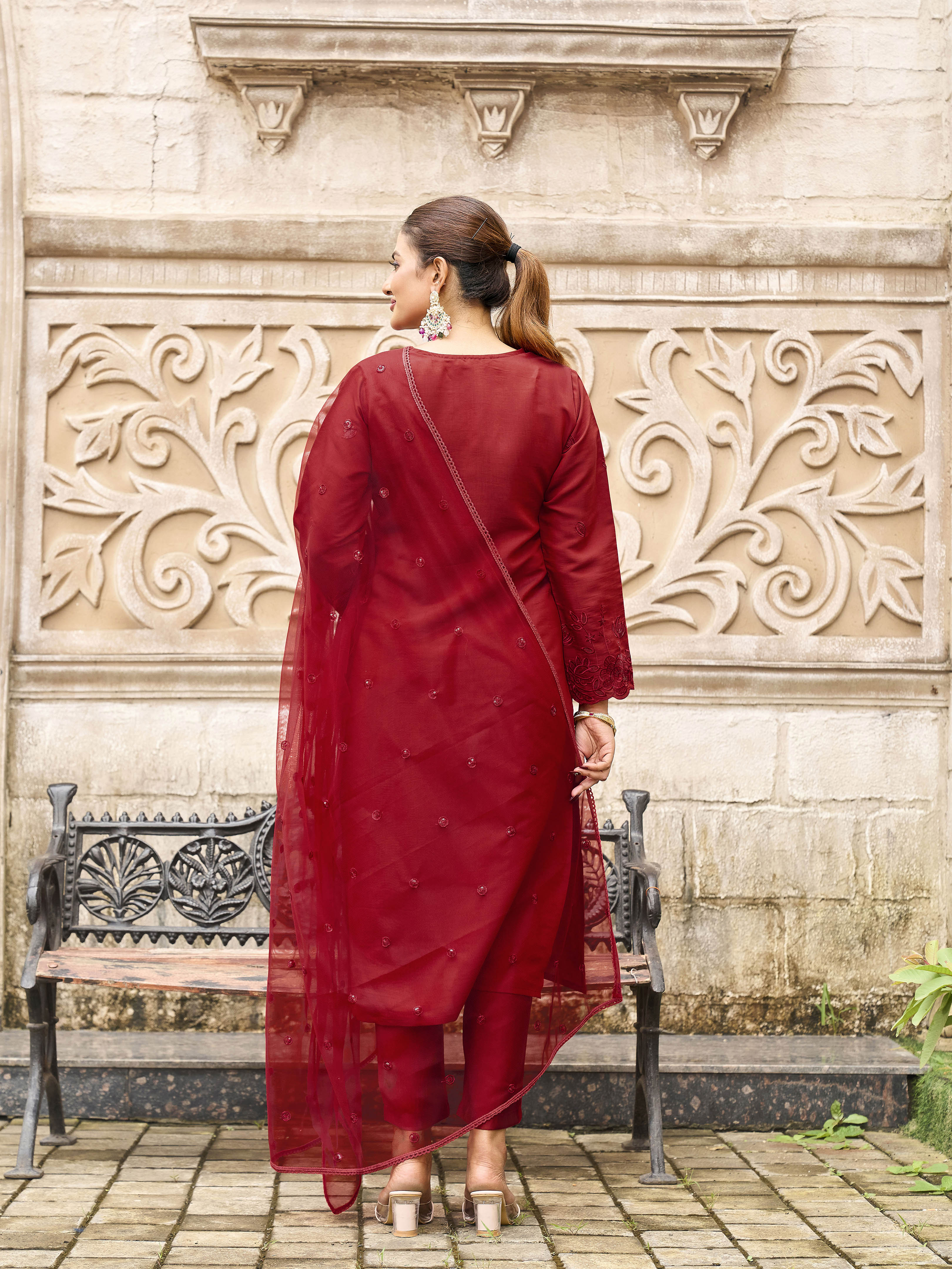 Maroon color silk blend with thread & sequence work kurta & trouser with dupatta set