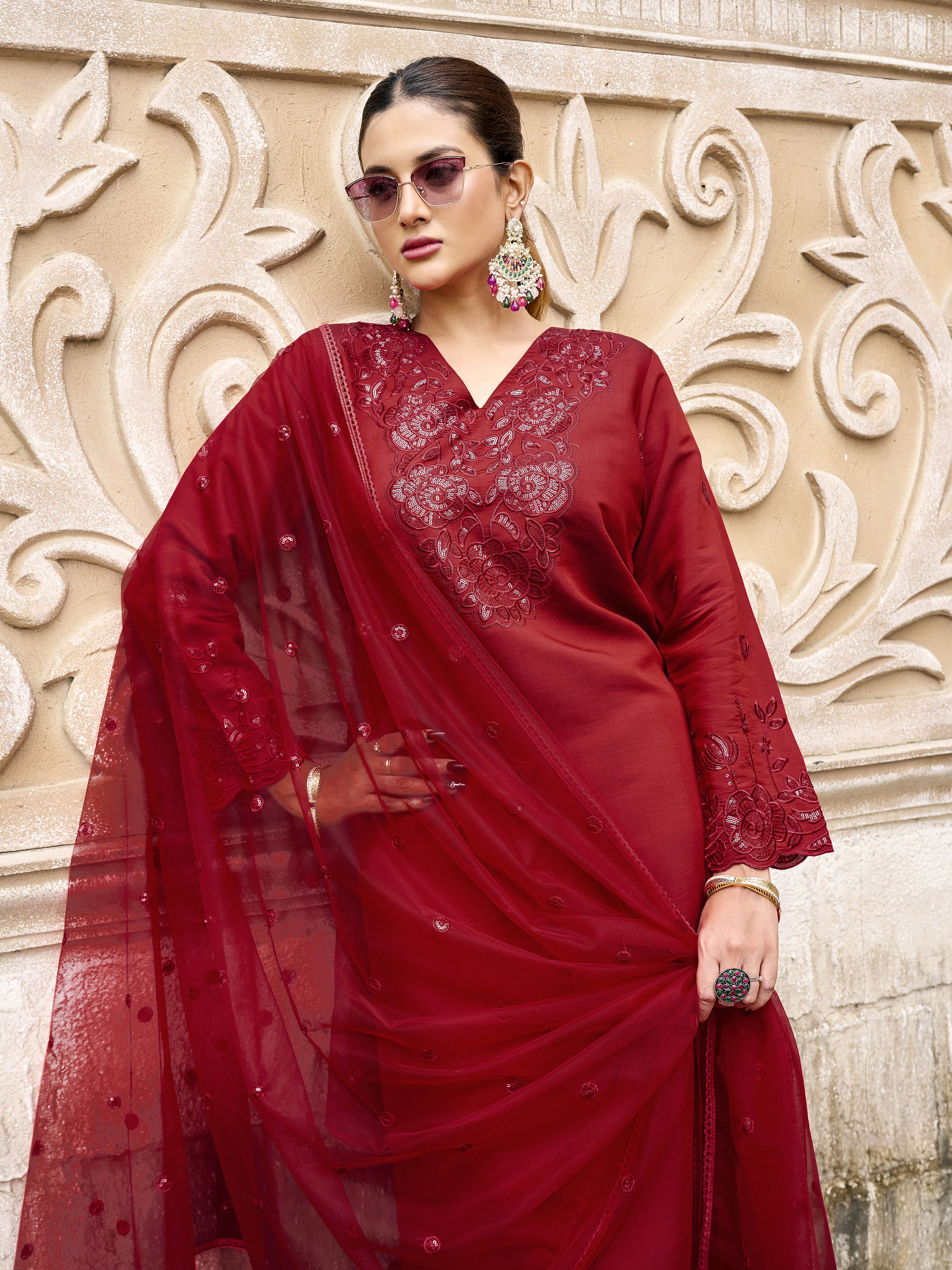 Maroon color silk blend with thread & sequence work kurta & trouser with dupatta set