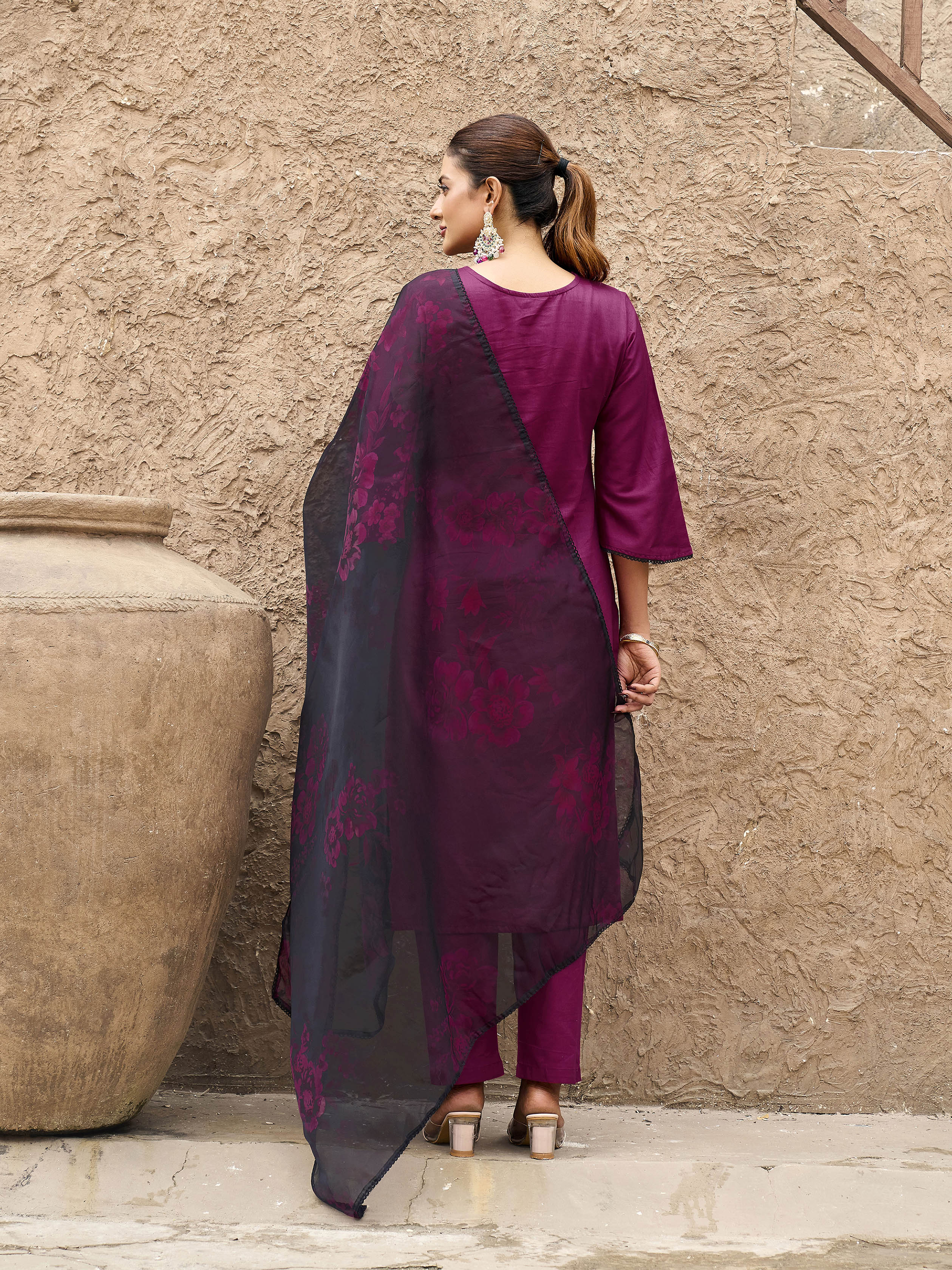 Burgundy color pure cotton with black thread jal embroidered kurta & trouser with printed dupatta set