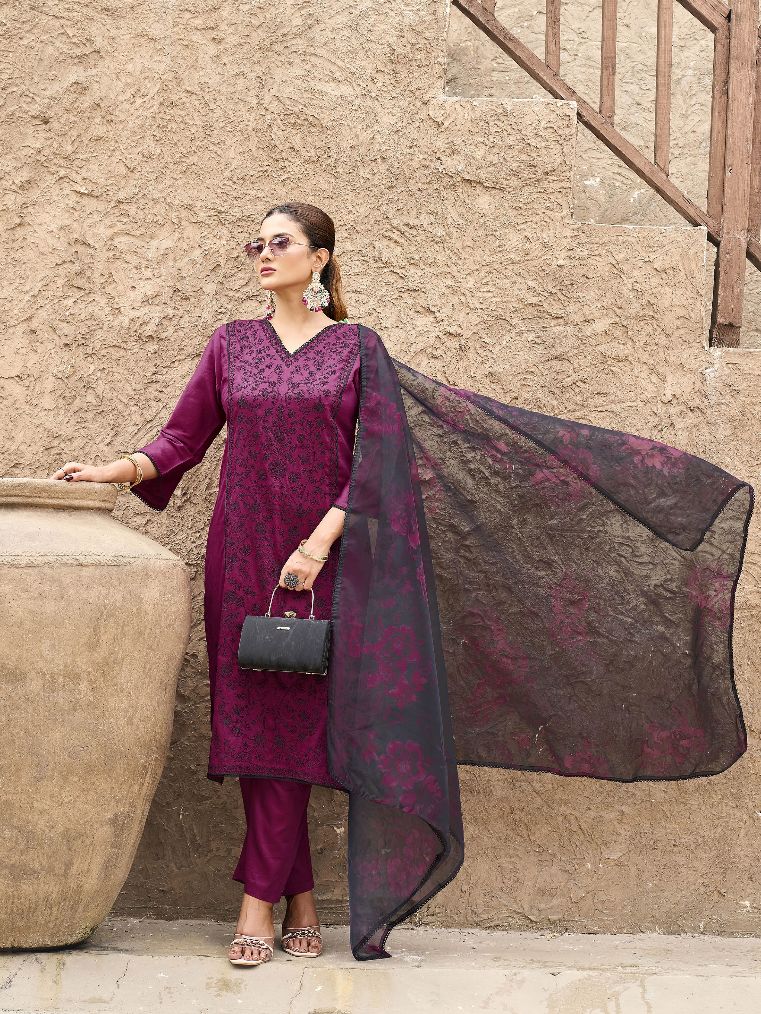 Burgundy color pure cotton with black thread jal embroidered kurta & trouser with printed dupatta set