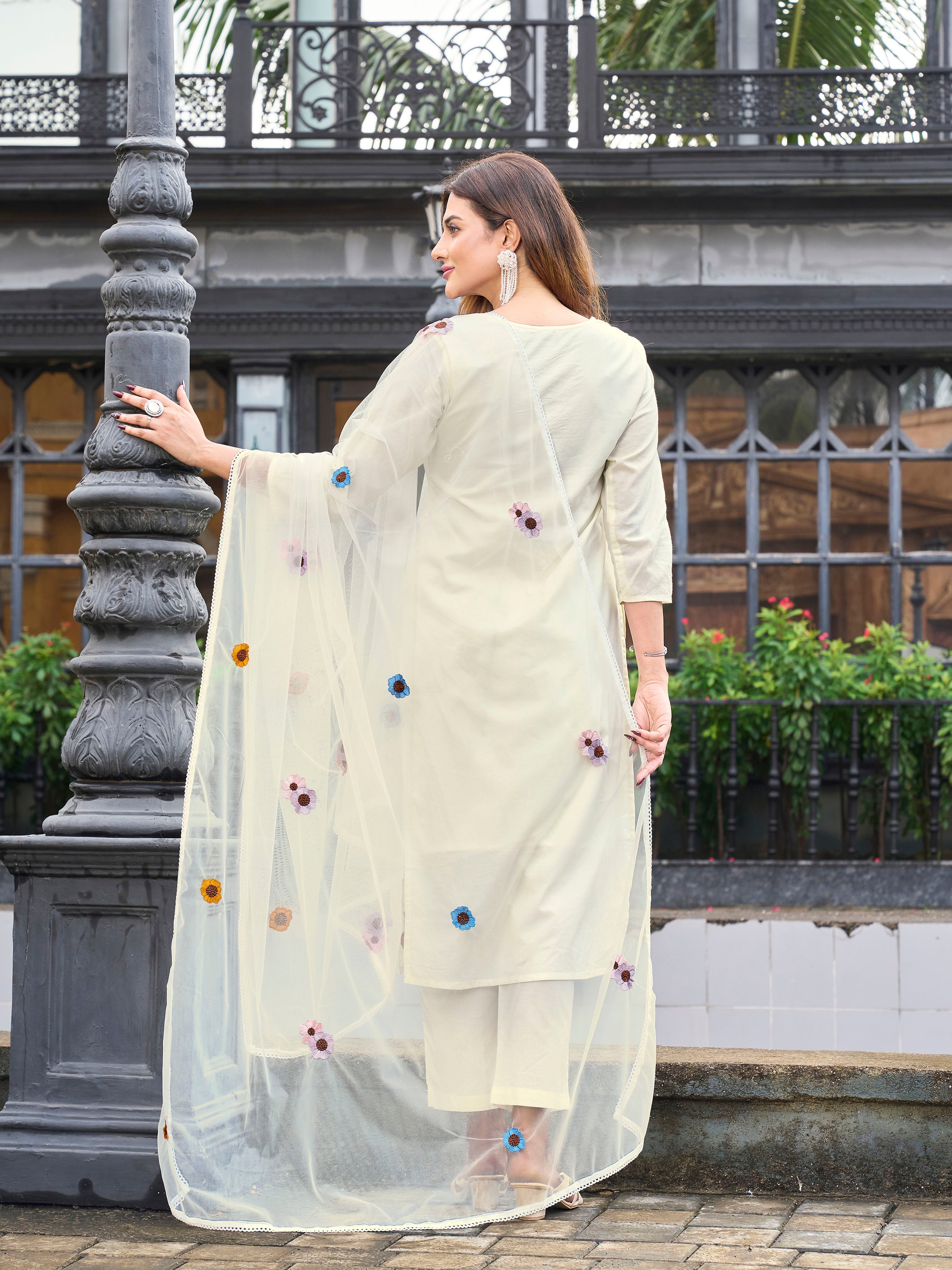 Off whithe color pur cotton with colourful thread embroidered kurta & trouser with dupatta set