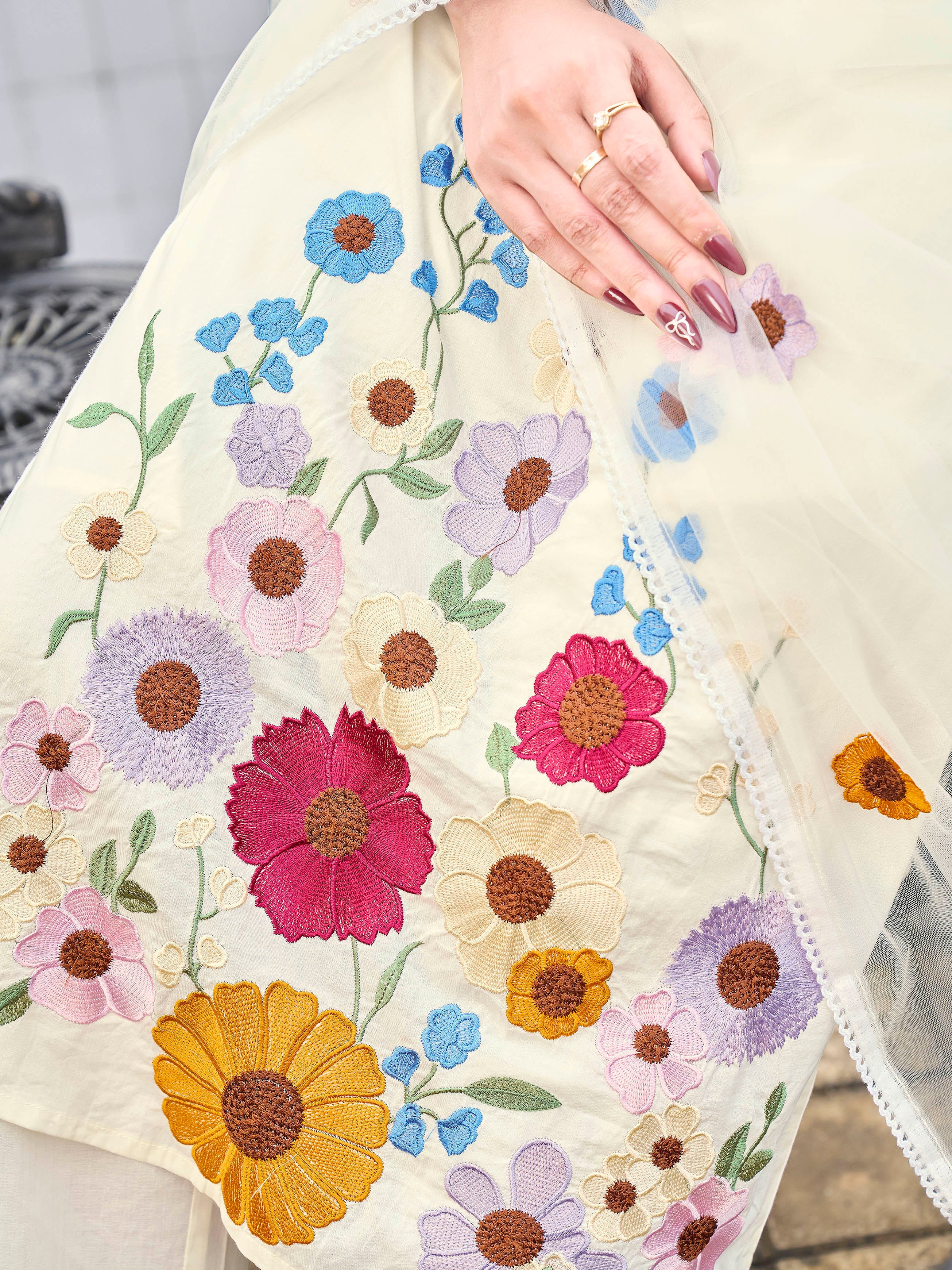 Off whithe color pur cotton with colourful thread embroidered kurta & trouser with dupatta set