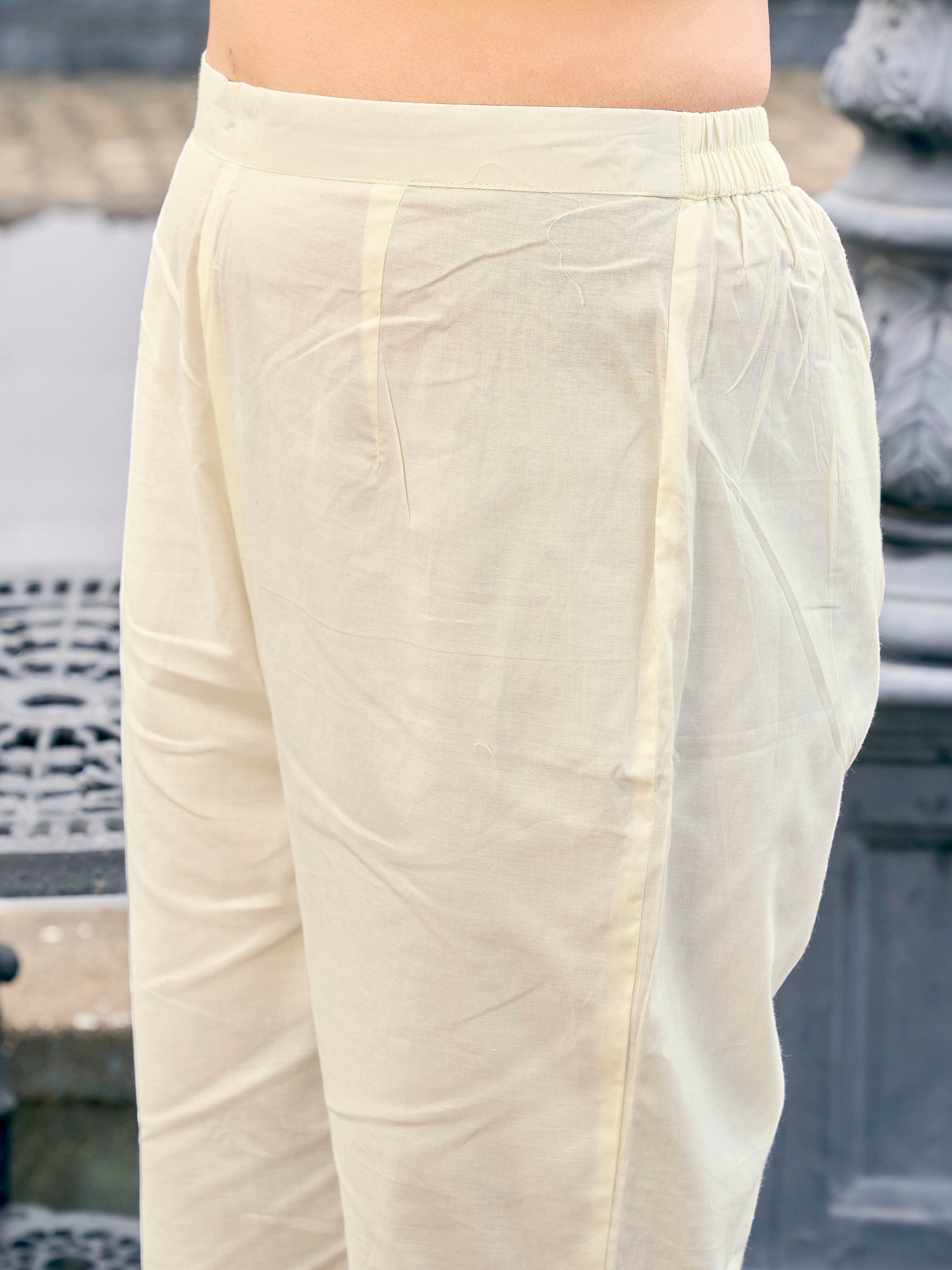 Off whithe color pur cotton with colourful thread embroidered kurta & trouser with dupatta set