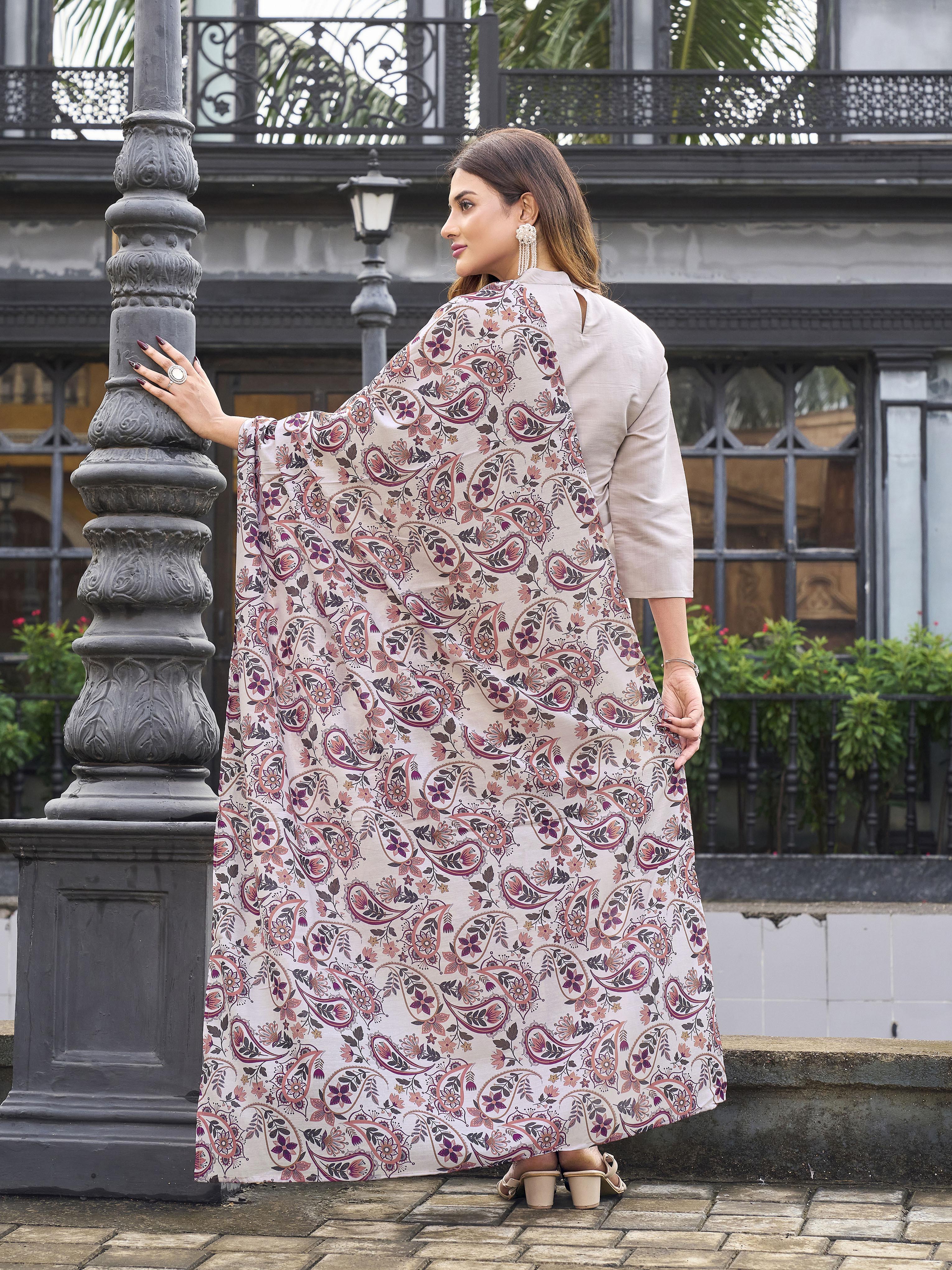 Beige color silk blend with thread embroidered kurta & palazzo with printed dupatta set