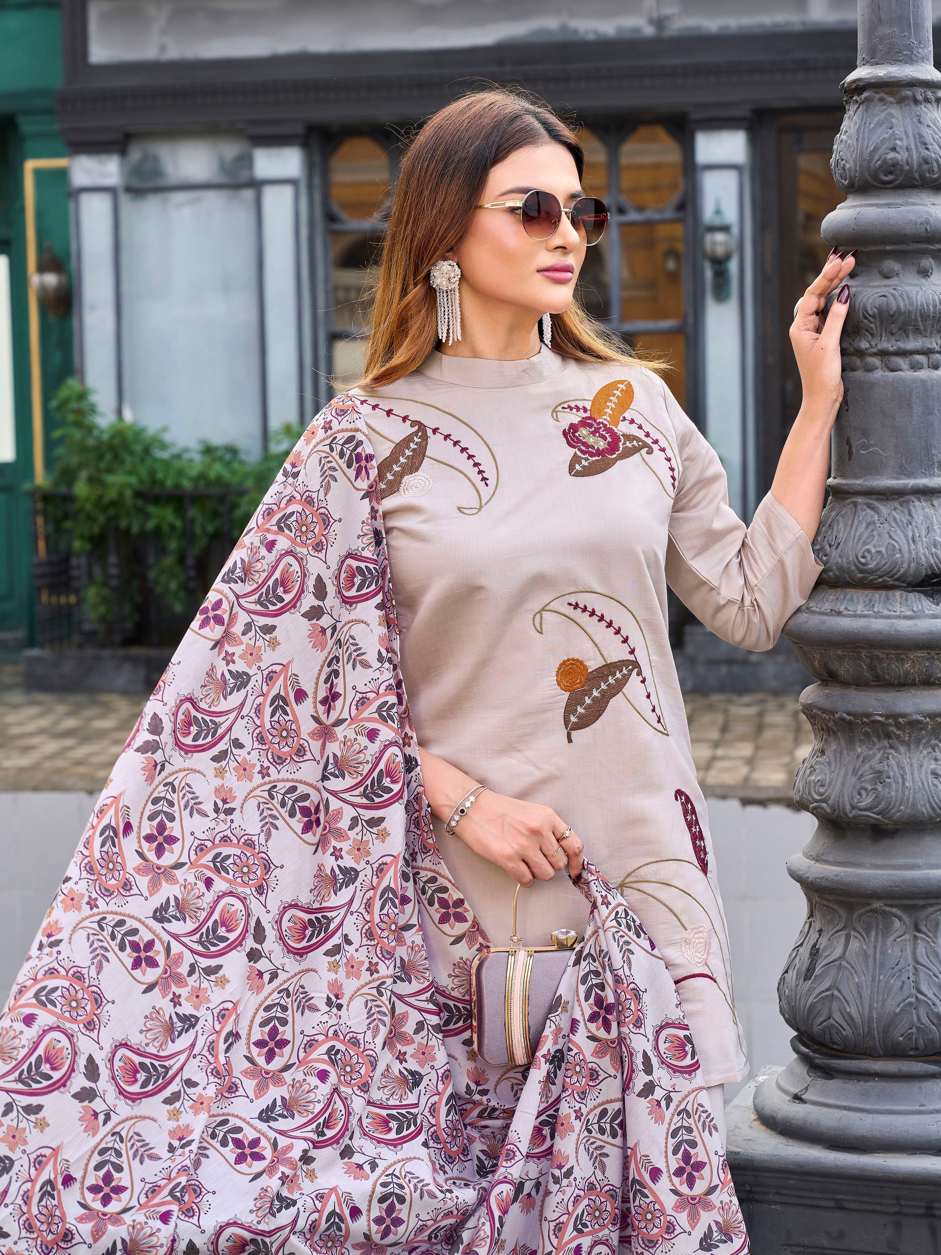 Beige color silk blend with thread embroidered kurta & palazzo with printed dupatta set