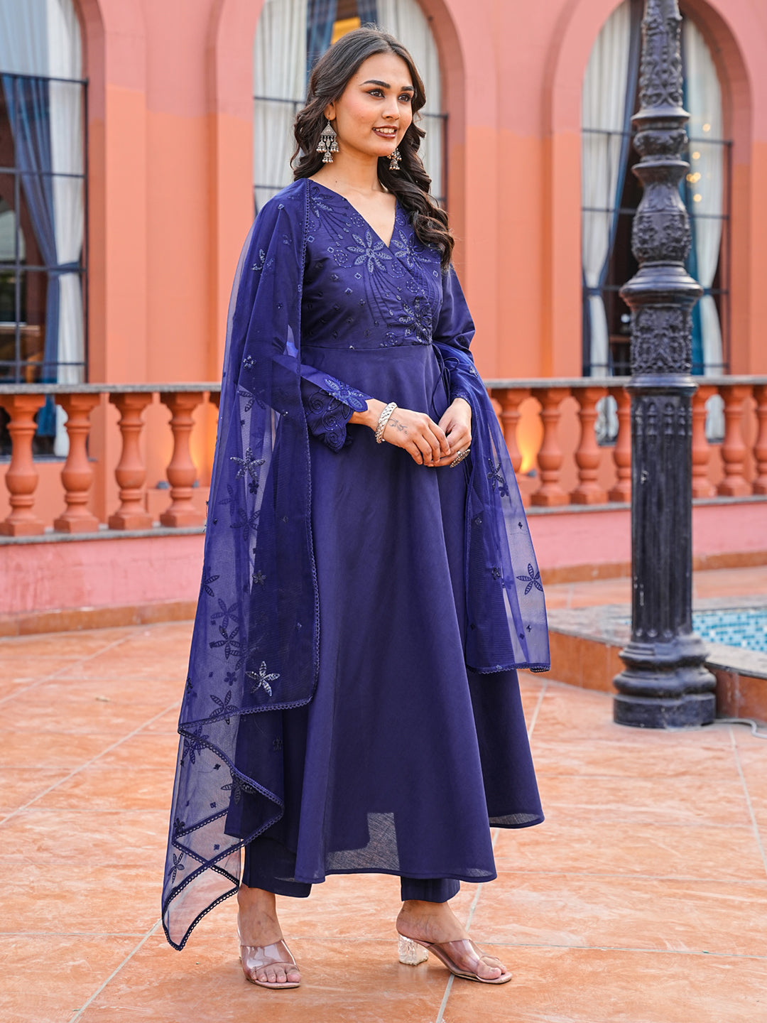 Navy blue color silk blend thread with sequinned angrakha style kurta & trouser with dupatta set