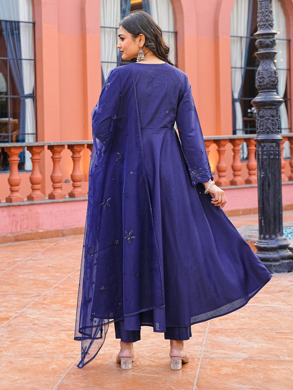 Navy blue color silk blend thread with sequinned angrakha style kurta & trouser with dupatta set