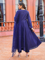 Navy blue color silk blend thread with sequinned angrakha style kurta & trouser with dupatta set