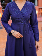 Navy blue color silk blend thread with sequinned angrakha style kurta & trouser with dupatta set
